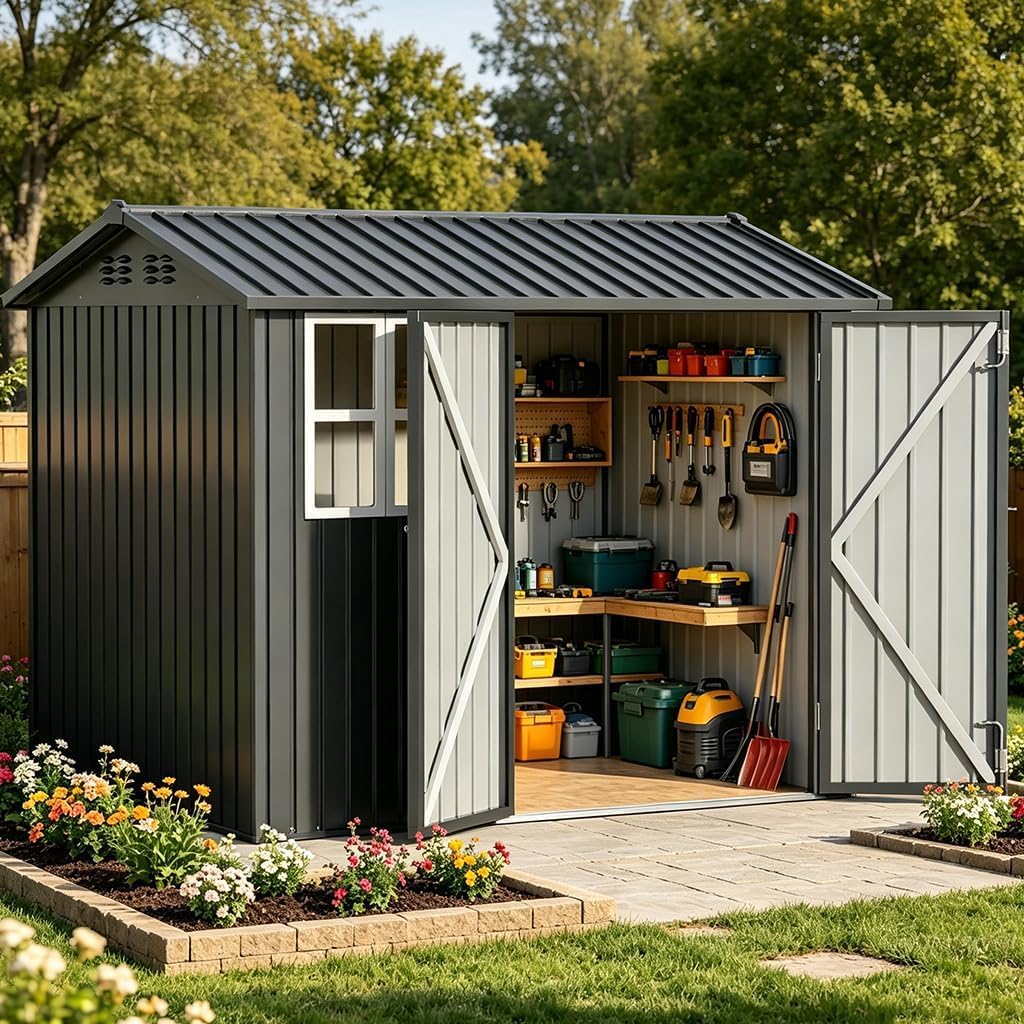 Photo 1 of **PARTIAL SET**
COMHOMA Outdoor Storage Shed with Window,Metal Lockable Garden Toolhouse, Ventilated Weather-Resistant Backyard Utility Workshop for Storage(Light Grey,8x6ft)
