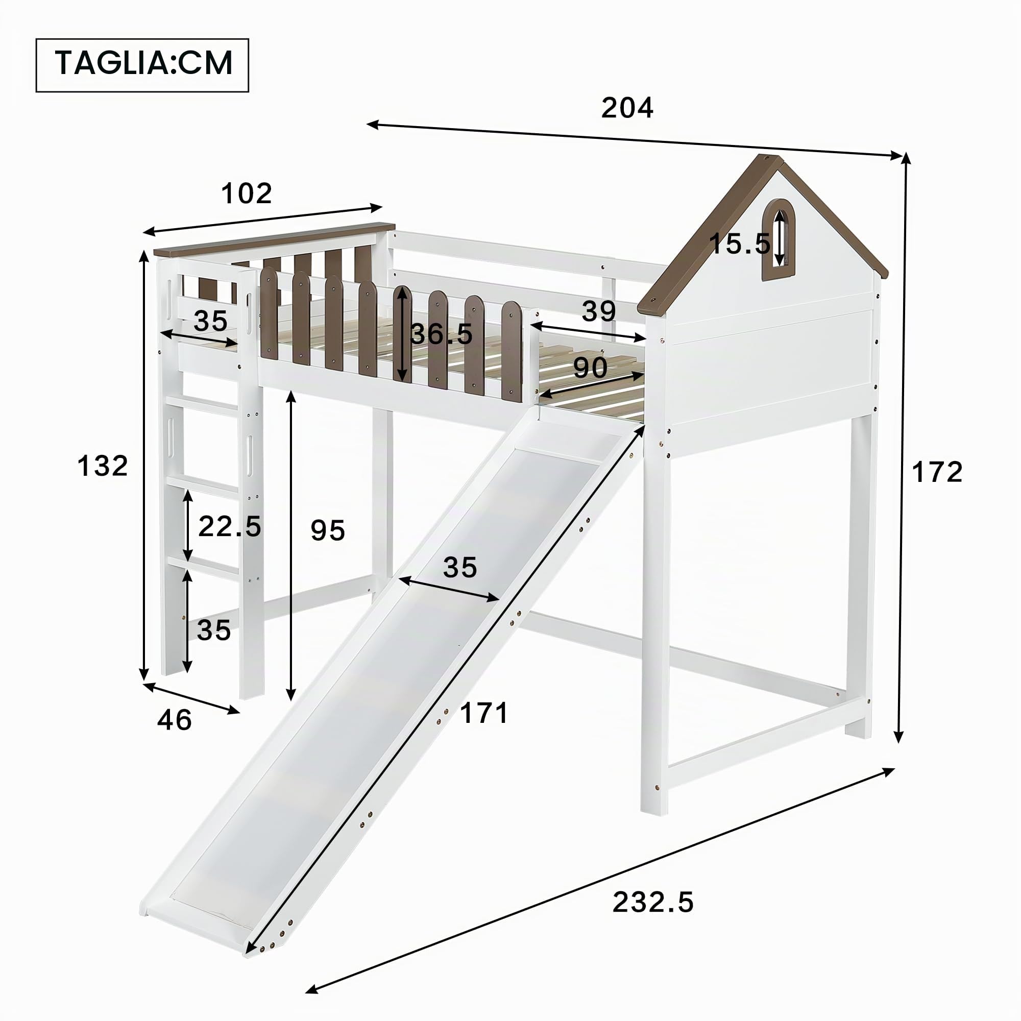 Letto a soppalco 90 x 200 cm, con tetto e finestra, con scala dritta a tre livelli, lettino con scivolo, pino+MDF, bianco+noce, senza materasso