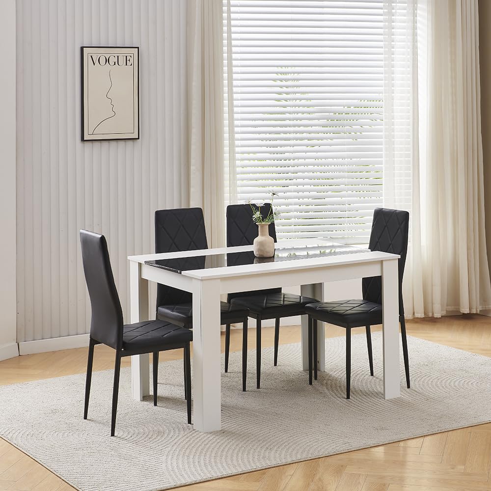 Menaka Modern Wooden Dining Room Table and Chairs Set of 4 for Small Space, 5 Pieces Rectangular Kitchen Table with 4 Chairs (110cm black table and 4 black leather chairs#1) — view 51