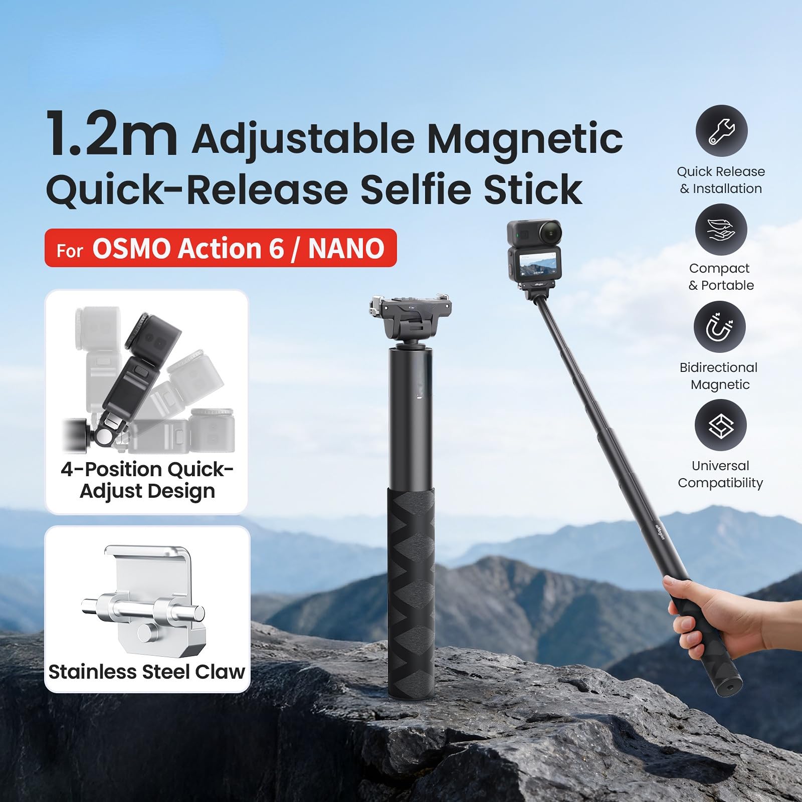 Amazon | DJI Osmo Action 6 & Nano対応の調節可能な自撮り棒。双方向
