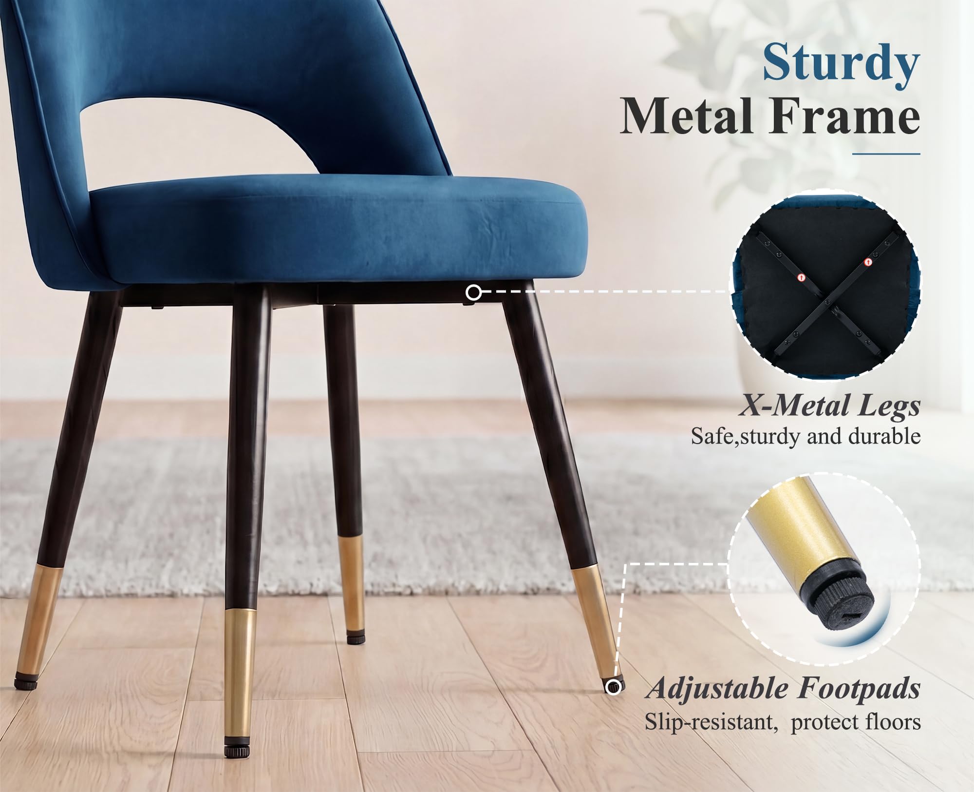 Ya-Home Set di 2 Sedie da Pranzo in Velluto con Gambe in Metallo, Blu | Sedia da pranzo moderna con gambe in metallo, sedia da cucina con cuscino imbottito e schienale design