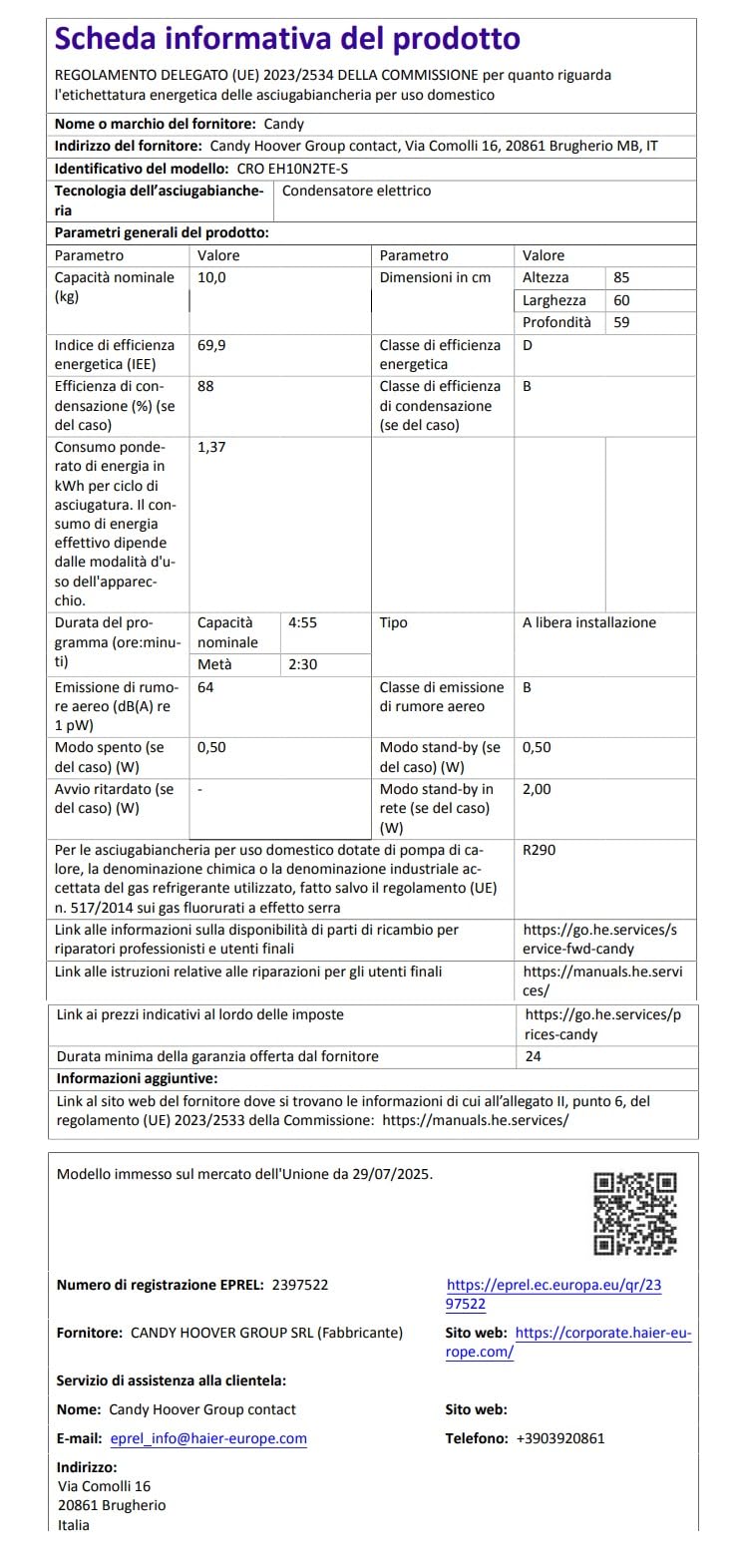 Candy Smart Pro CRO EH10N2TE-S, Asciugatrice 10KG, Pompa di Calore, Connetività Wi-Fi + BLE, App HOn, Woolmark Certification, Rumorosità (dB) 64, 85 x 59.6 x 58.5 cm(A x L x P cm), Bianca - Classe D
