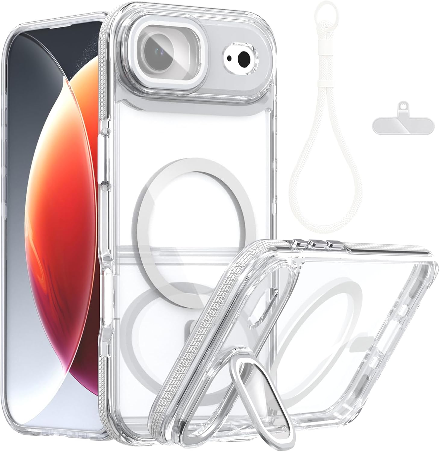 for iPhone 17 Air Magnetic Clear Case, MagSafe Compatible, Kickstand & Lens Protection, Soft Shockproof Bumper, Non-Yellowing Cover with Wrist Lanyard