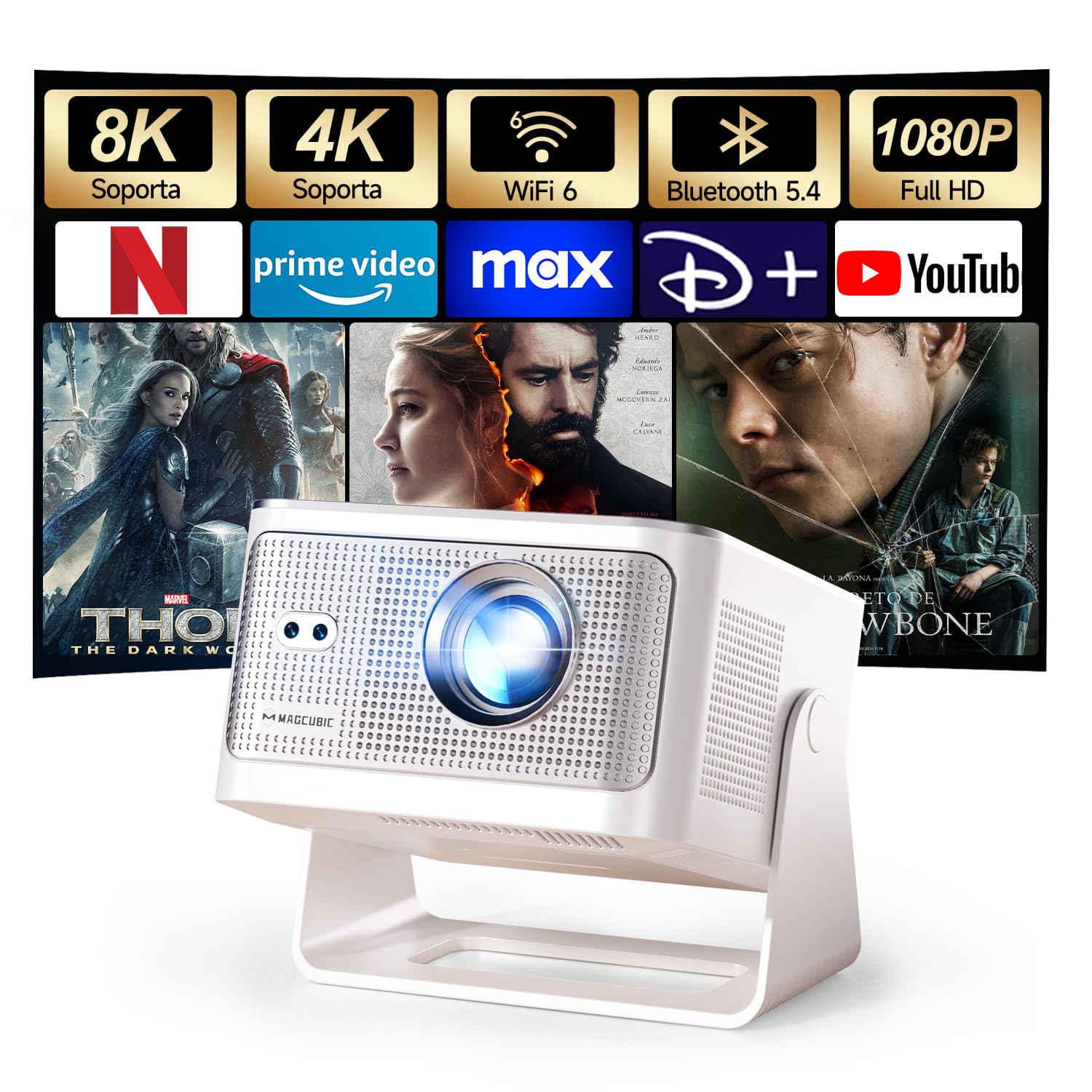 [Integrated App] Mini Projector 4K & 8K Support 1080P Native, Portable Projector with WiFi 6 BT 5.4, 600ANSI, Auto Focus, 6D Trapeze Auto Correction, 180° Rotation, HY350MAX