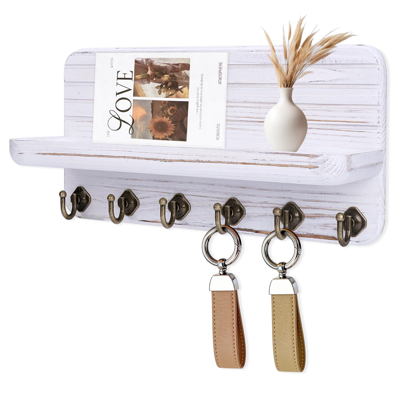 Key Holder for Wall, Mail Organizer Wall Mount with 6 Hooks Wooden Hanging Key Rack for Home Decor, Hallway, Entryway (Vintage White)