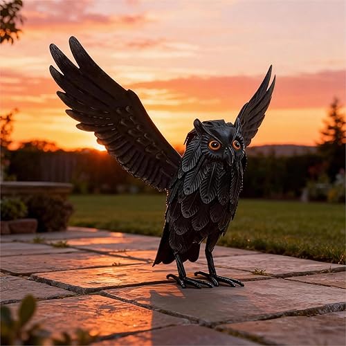 Natelf Esculturas y estatuas de señuelo de búho solar, decoración de Halloween, metal de pie disuasorio para asustar a los pájaros ardillas lejos