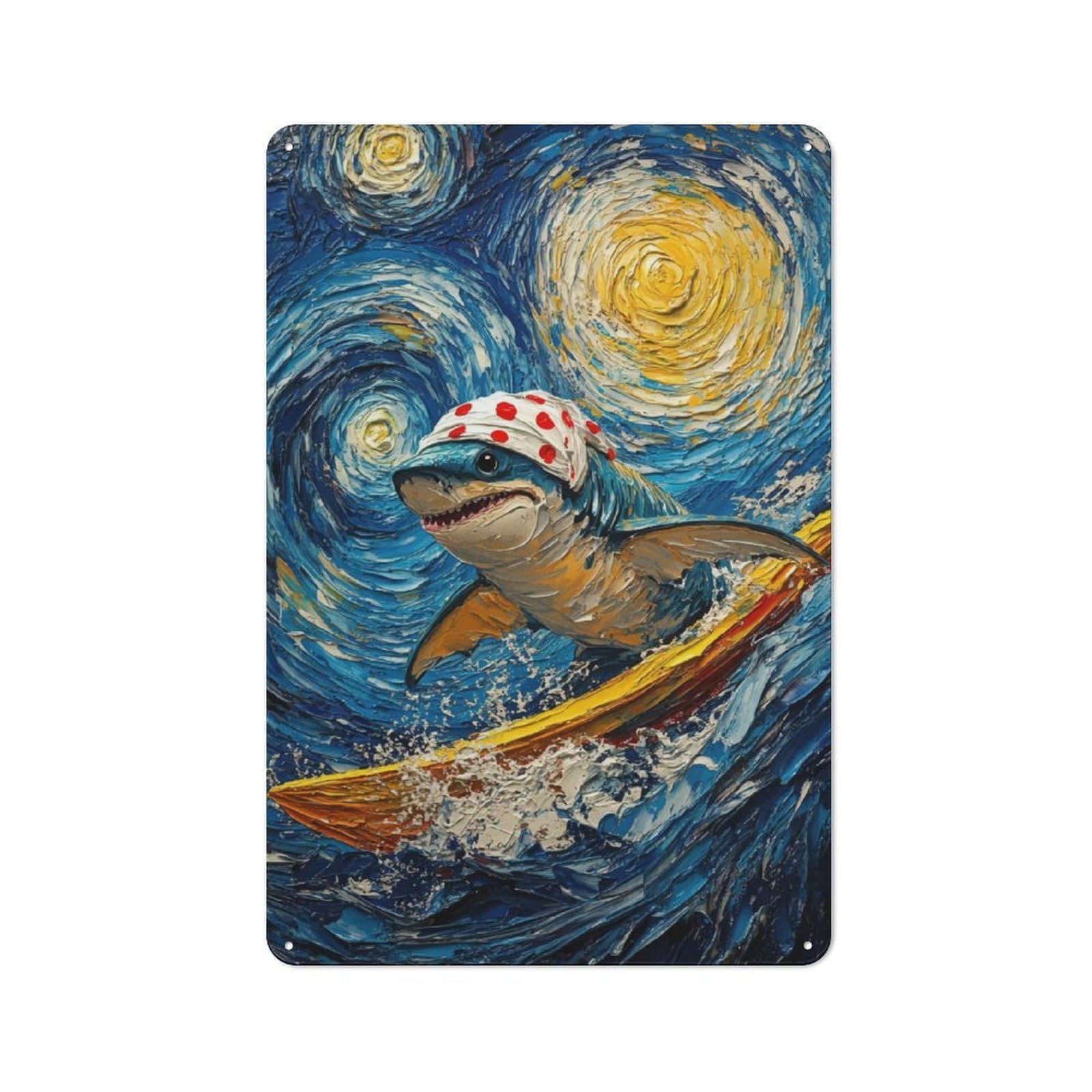 Junmoney Shark Surfing Starry Night Retro Metal Wall Sign 30X20cm For Man Cave Or Games Room, A Housewarming Gift For Games Room Collectors
