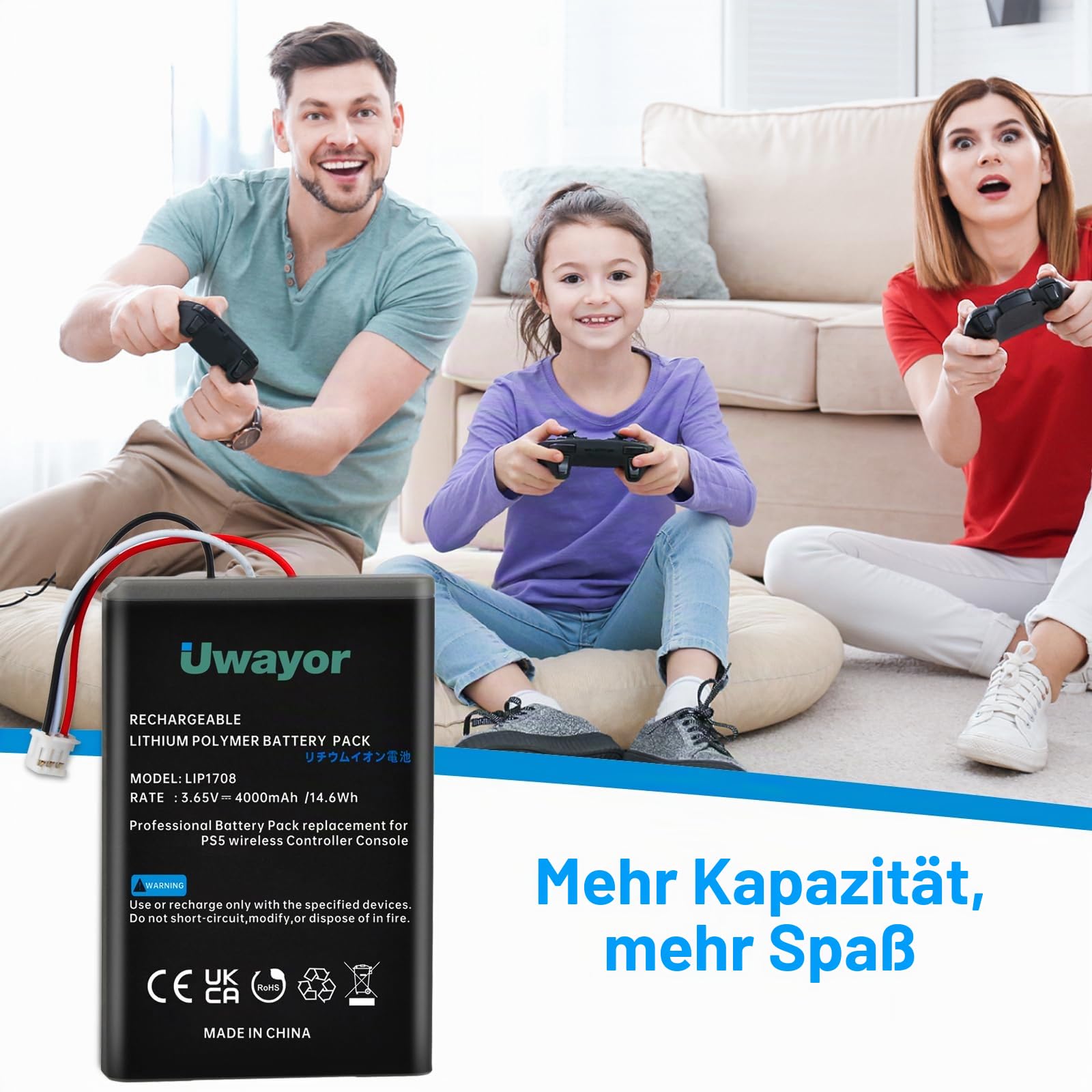 2 Pack 4000mAh Akku für PS5 Controller,LIP1708 Akku Ersatz für Sony PlayStation 5 DualSense CFI-ZCT1W Wireless Controlle