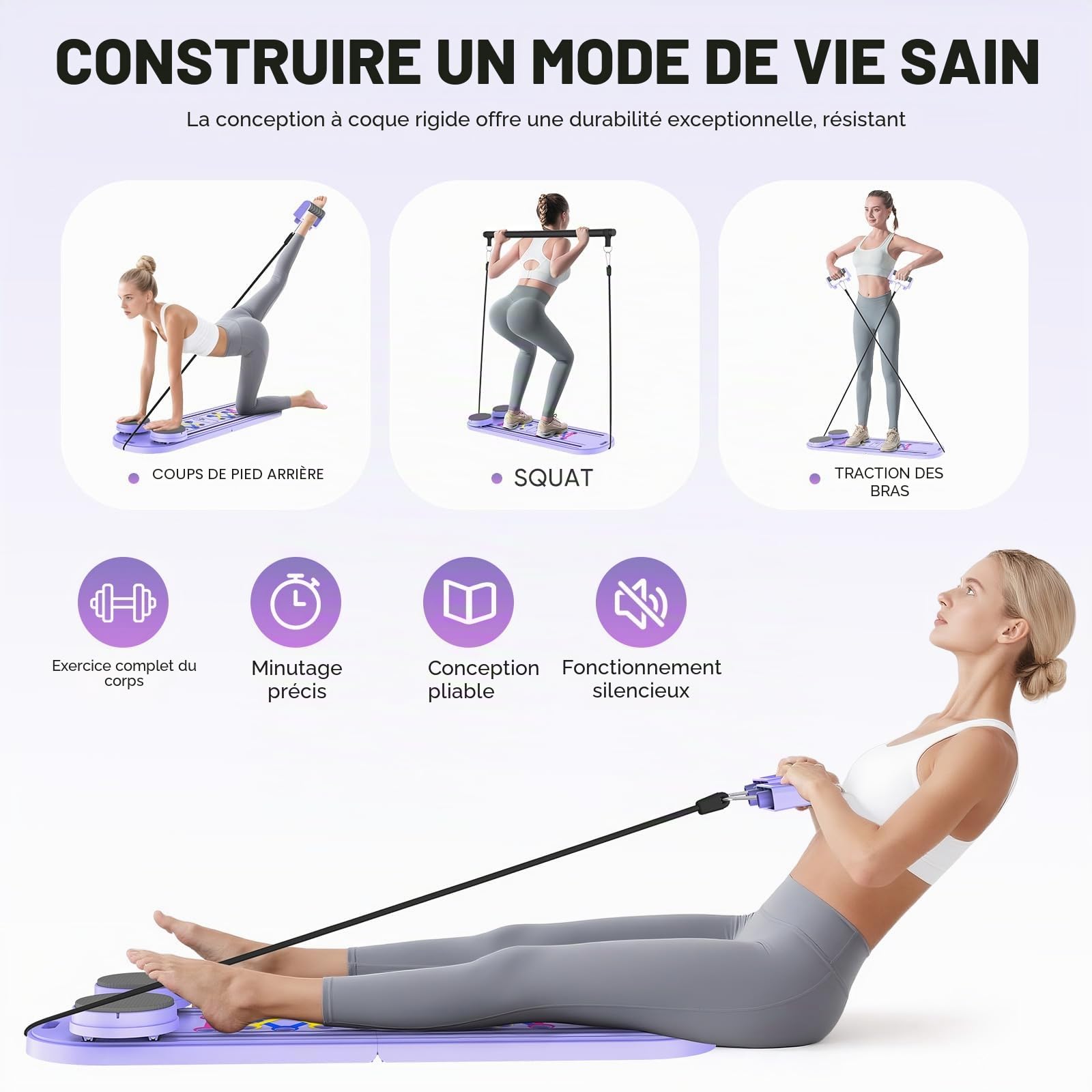 Mini réformateur de Pilates 6 en 1 avec compteur intelligent, planche de pilates avec bandes de résistance, rouleau de rebond automatique, planche abdominale pliable