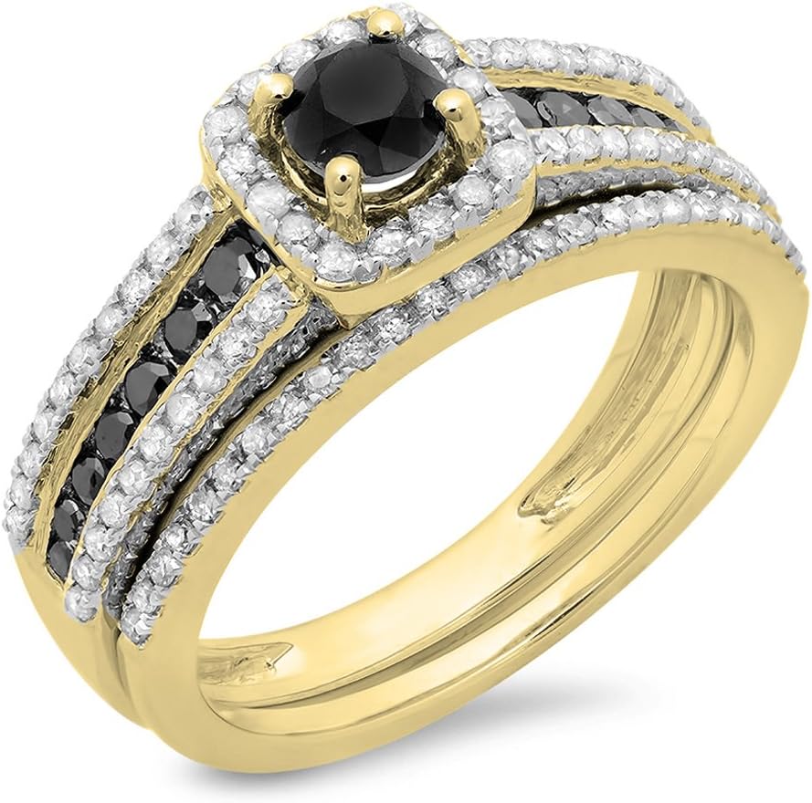 Dazzlingrock Collection 1.15 Ctw 14K Real Solid Gold White & Black Natural Diamond Women Halo Bridal Engagement Ring Matching Band Set