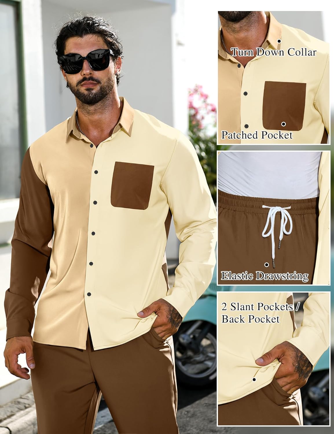 LecGee Mens 2 Piece Color Block Outfits Casual Long Sleeve Color Block Shirts and Pants Matching Set Sweatsuit - Image 5