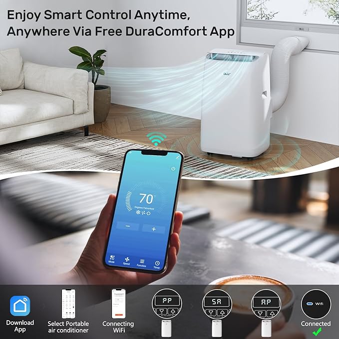 DuraComfort Portable Air Conditioners,12,000 BTU/8000 BTU (SACC) Dual Motors AC With APP for Quite,Cooling Up to 350 Sq.Ft,with Dehumidifier, Fan, Window Kit for Easy Installation,White