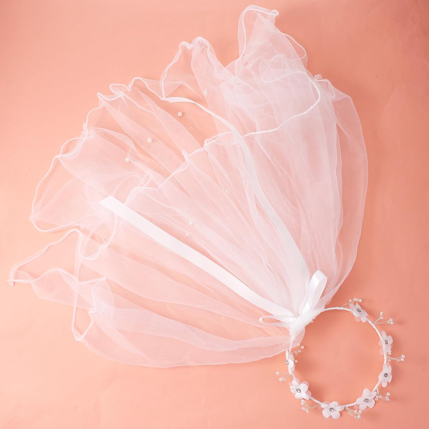 First Communion Veil White Lace Veil Headband with Flower for Girl | with flower pearl rhineston, for wedding party