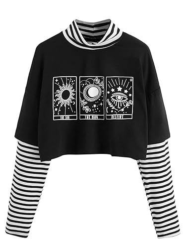 SweatyRocks Women's Color Block Butterfly Print Striped Long Sleeve Crop Top T Shirt - X-Large - Graphic Black White