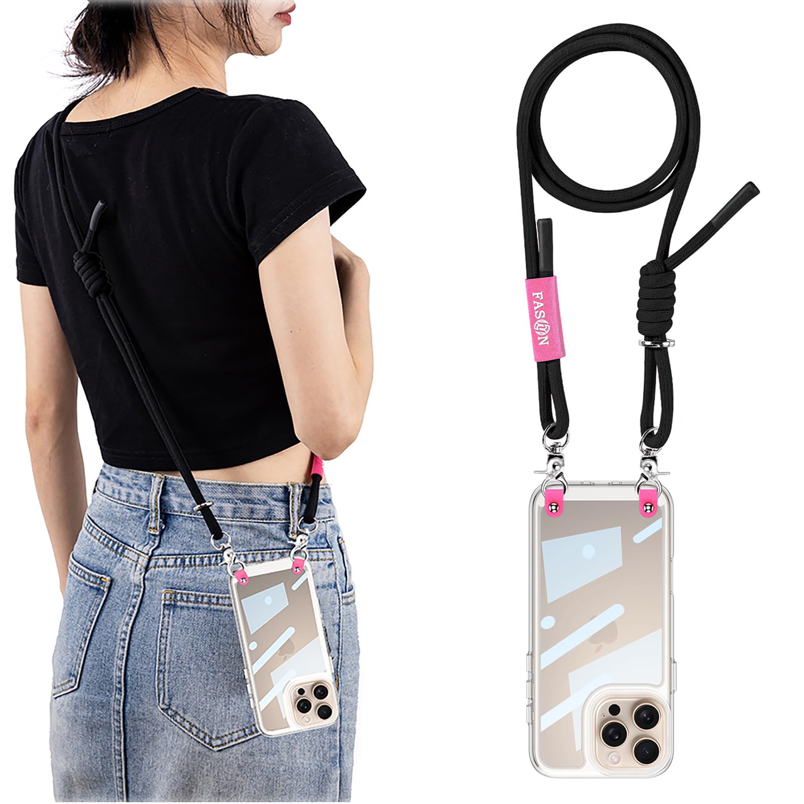 Crossbody Lanyard Case for iPhone 16 Pro Max, Thin Clear Case with Pink Lanyard, 360° Full Body Protective Cover, Safety Adjustable Removable Phone Strap, Stylish Practical Design (Black, 16 Pro Max)