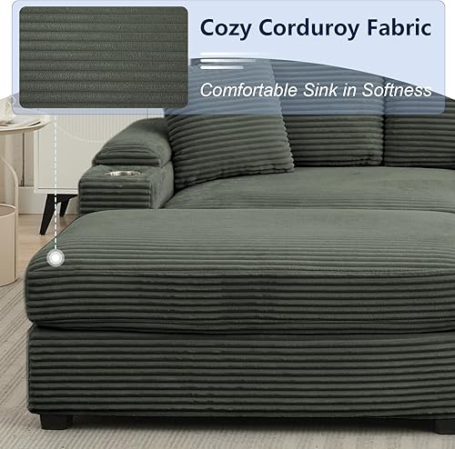 Miniatura 4 de Sofá seccional de 86.6" con 2 otomanos, cómodo sofá modular convertible tapizado en corduroy con soportes para tazas y USB, almacenamiento en los