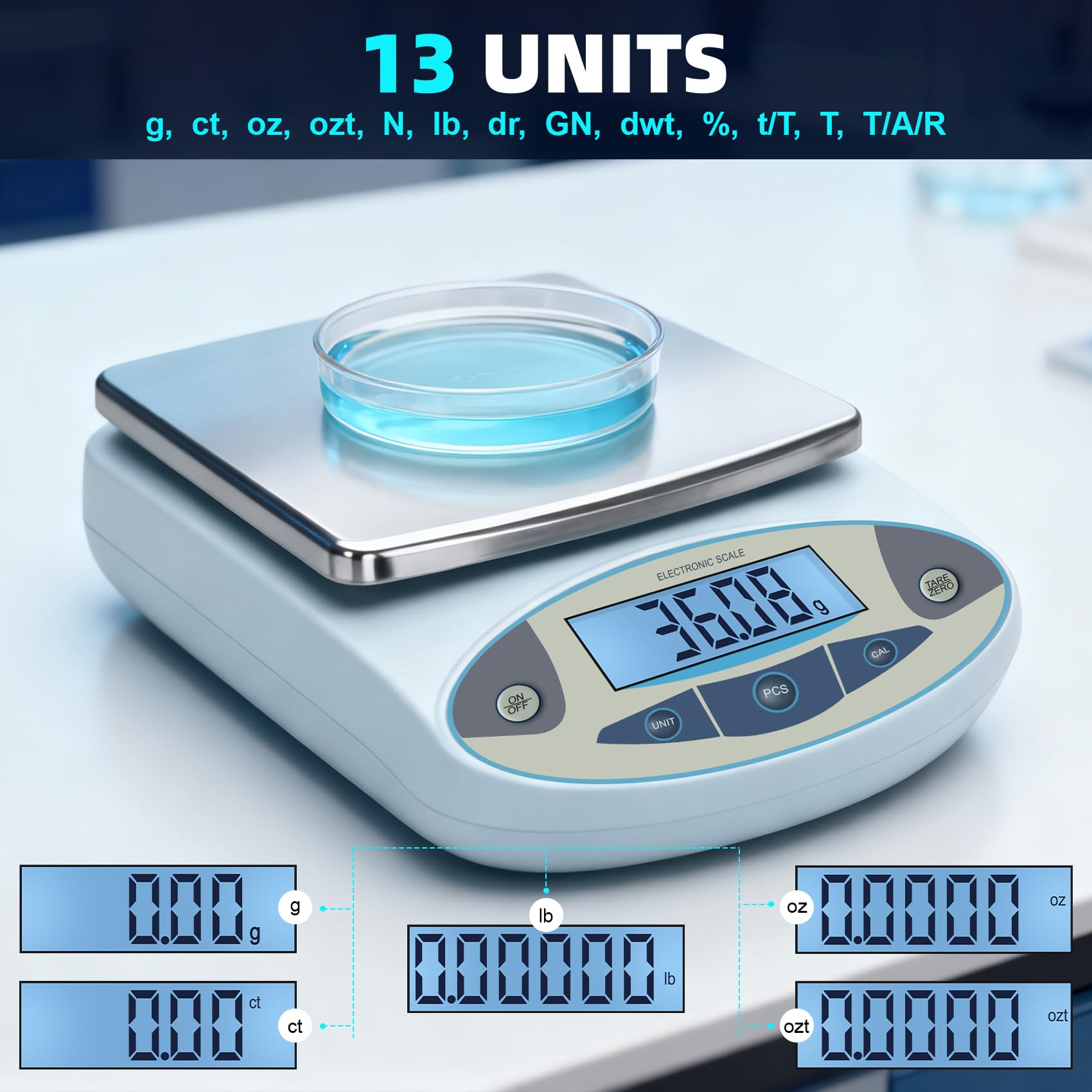 Báscula de laboratorio de 3000 g x 0,01 g, 13 unidades de 0,01 g de precisión, balanza analítica digital de alta precisión, escala electrónica de laboratorio, escala digital para cocina/joyería
