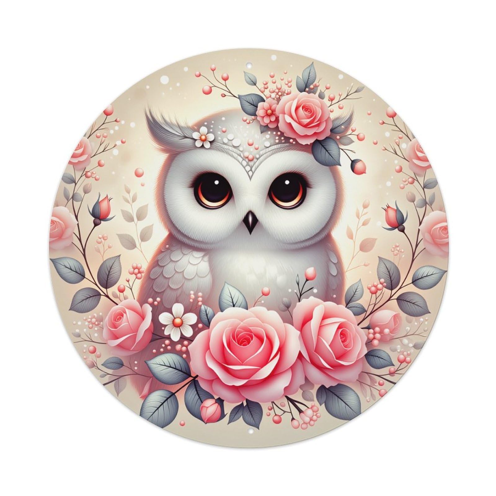 Wmlzdnwr Vintage Owl With Roses And Flowers In Circular Art Round Tin Sign,Retro Wall Art,Metal Poster For Home, Bar, Garage, Cafe, Rustic Indoor & Outdoor Decor, 8X8 Inches