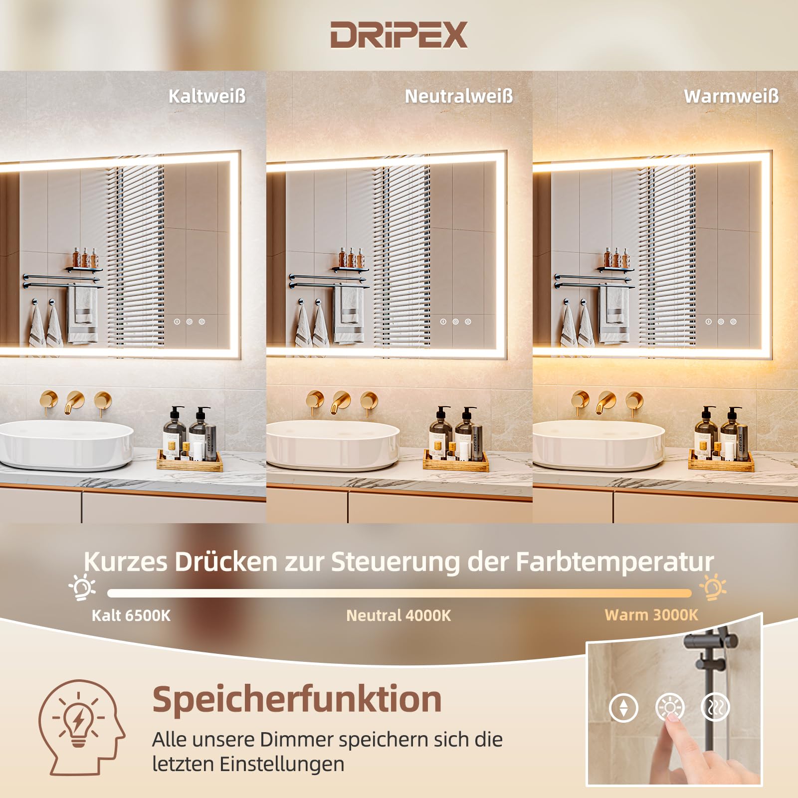 Badezimmerspiegel Led Badspiegel, Speicherfunktion, Touch-Schalter, Druckknopf, Dimmbar, 3 Lichtfarbe Einstellbare Spiegel Bad mit Beleuchtung, Badspiegel mit Wandspiegel, Beschlagfrei 60x100 cm