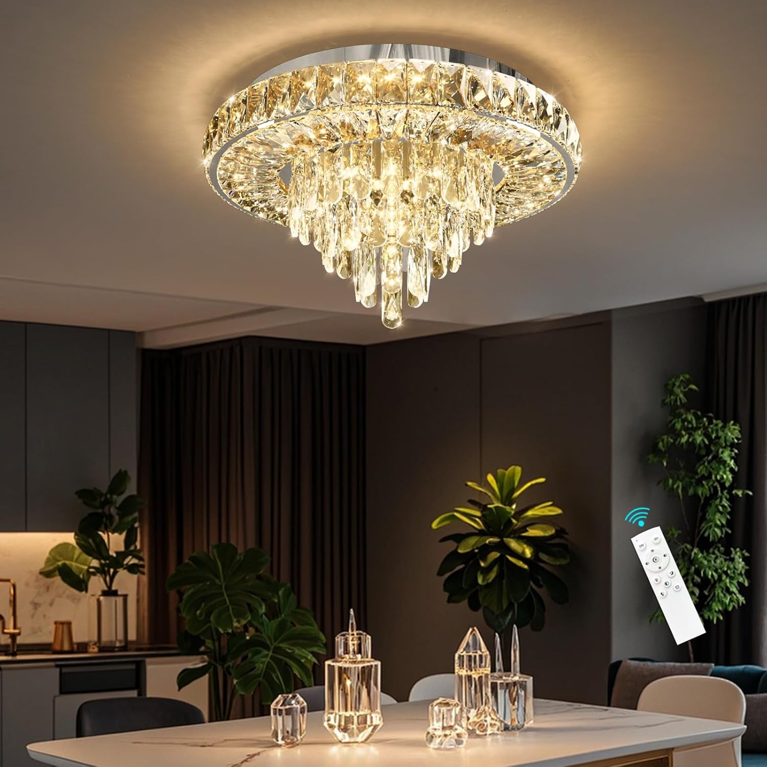 Modern Crystal Chandelier Dimmable LED Ceiling Light Fixture with Remote 35W Ceiling Chandeliers for Dining Room Living Room Bedroom Entryway Silver