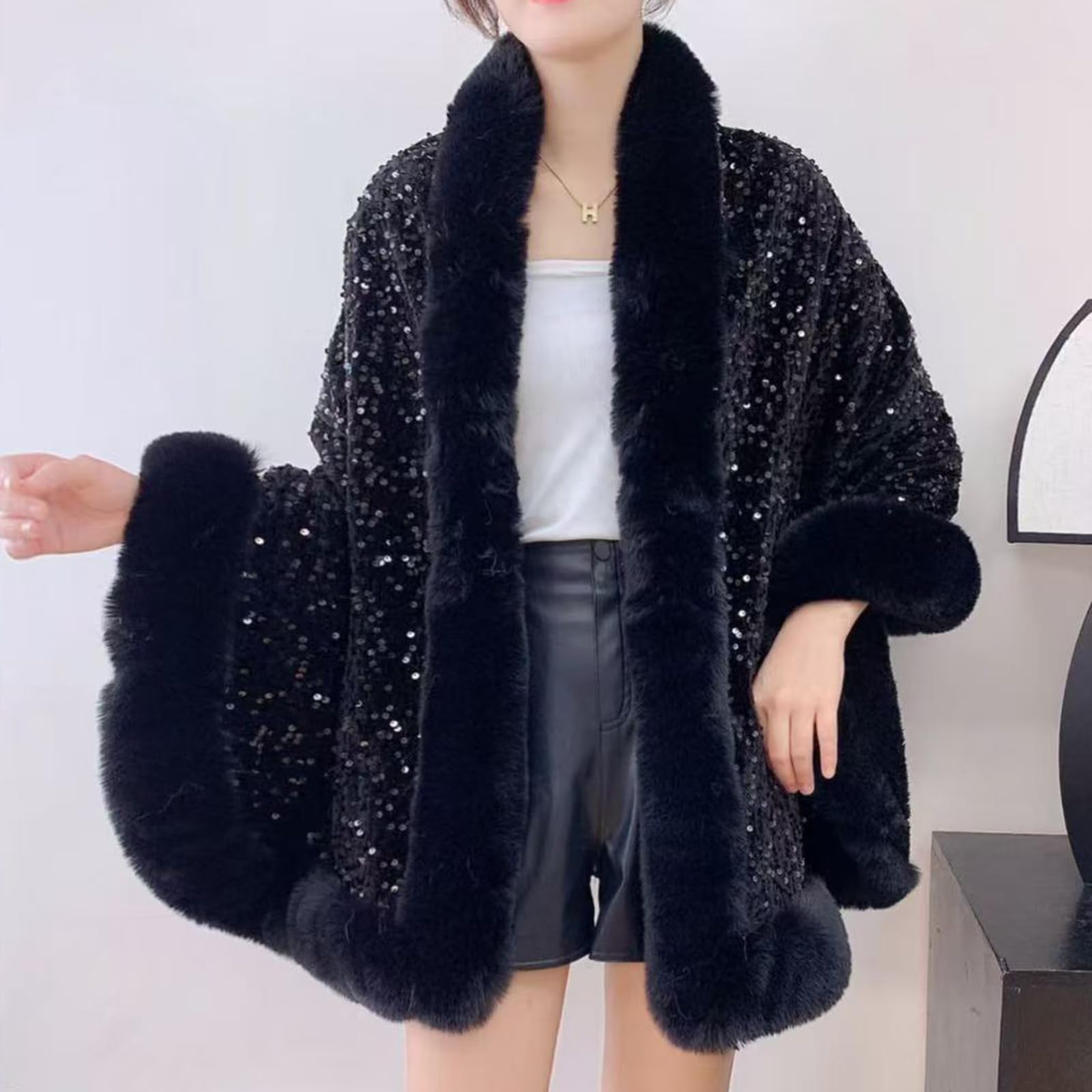 Châle en fausse fourrure à paillettes pour femme, élégante cape poncho ouverte sur le devant, châles et étoles pour robes de soirée