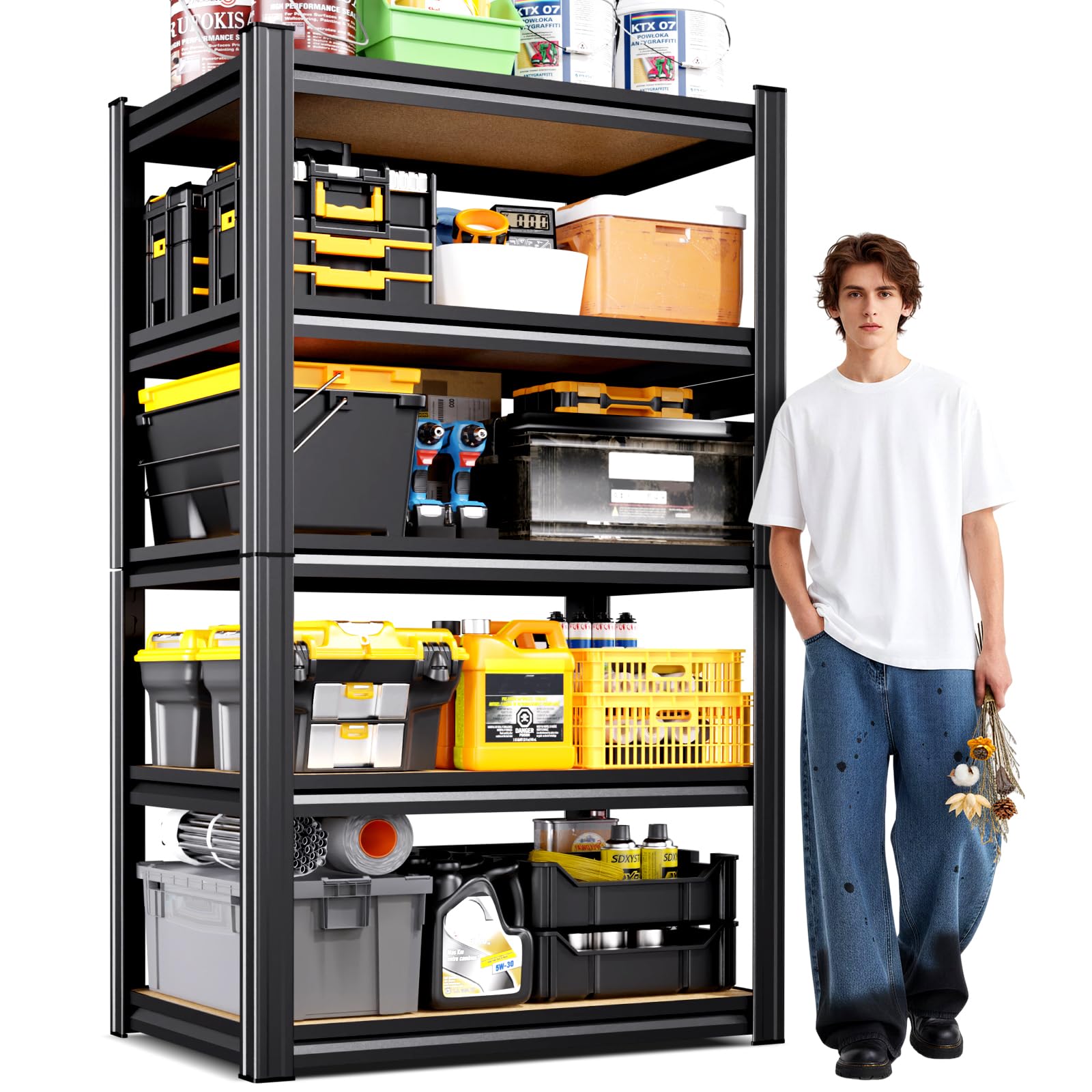 71"H Heavy Duty Garage Shelving - 1900 LBS Capacity 5-Tier Metal Storage Shelves,Adjustable Steel Utility Rack, Compact Storage Shelf for Pantry, Closet, Basement, Shed 71"H x 28"W x 12"D Black