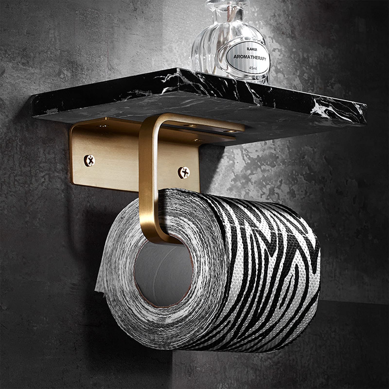 Portarrollos De Papel Higiénico, Latón Portarrollos De Papel Higiénico con Estante De Mármol Portarrollos De Papel Higiénico Cuadrado para Baño, Diseño De Montaje En Pared Portarrollos,Negro