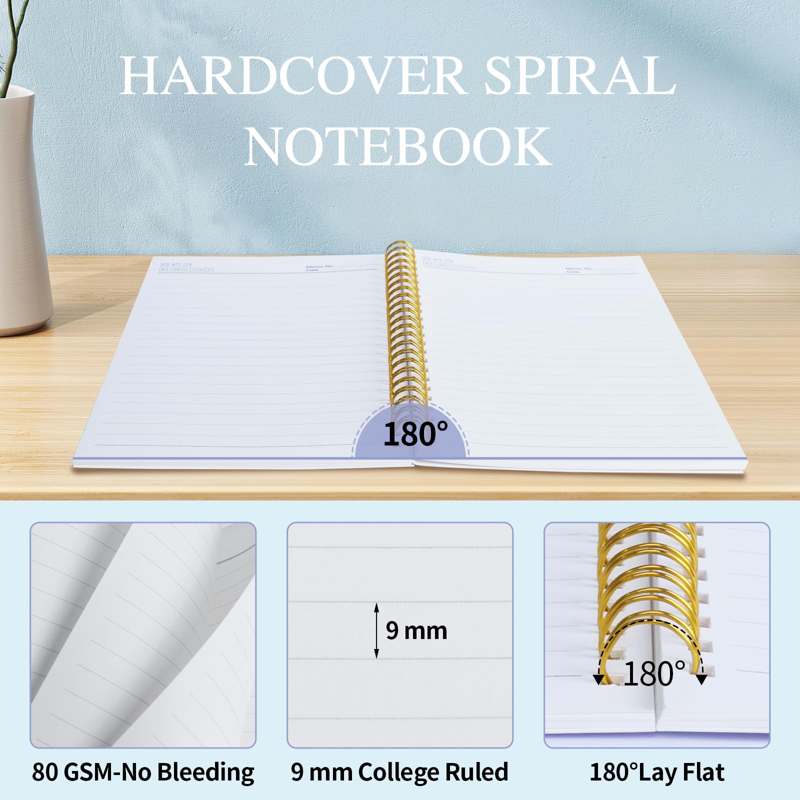 2 quaderni a spirale con 100 pagine, formato A5, a righe, con copertina rigida, per ufficio, scuola, casa, rilegatura a doppio filo, con rilegatura spessa di alta qualità, per lavoro e studio