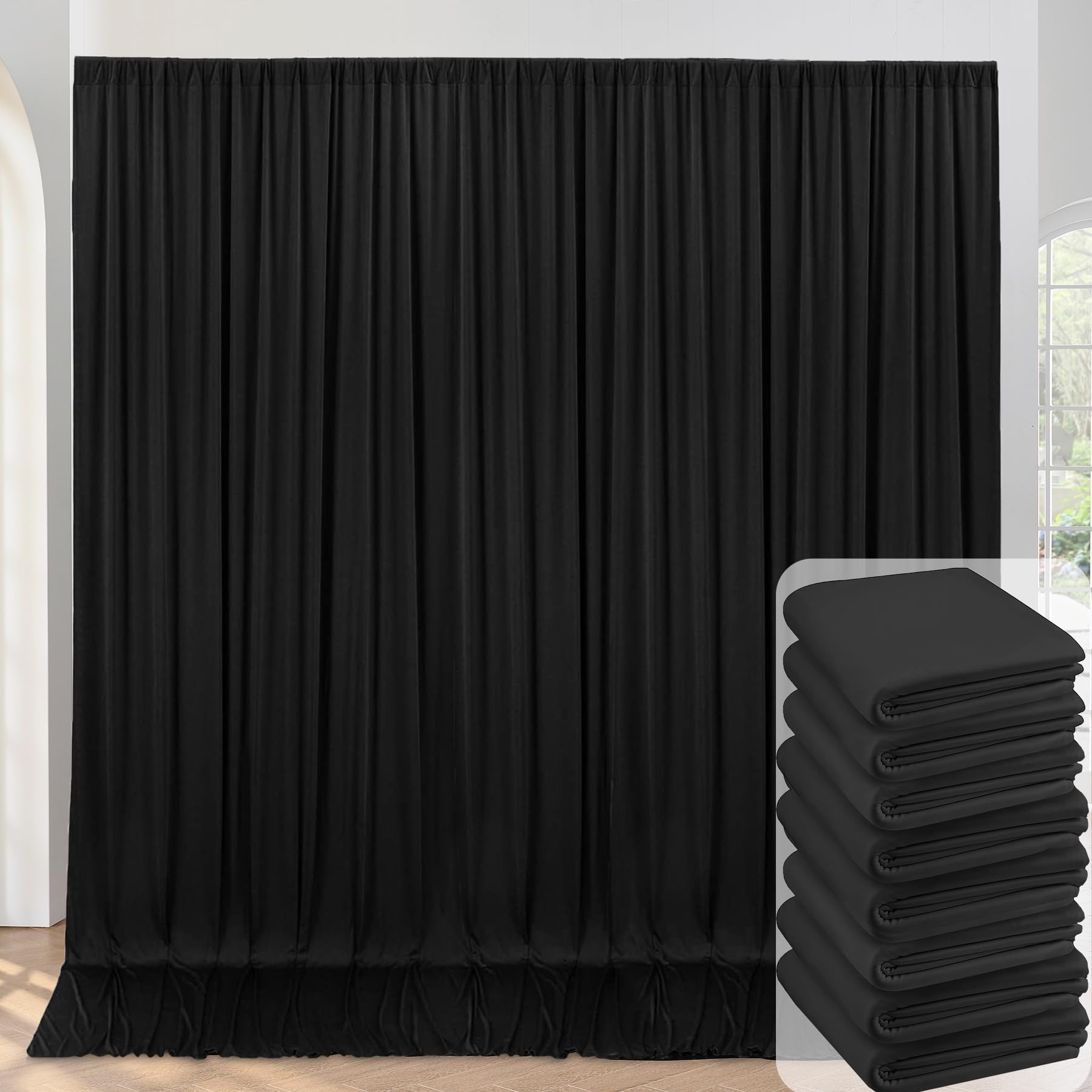 40ftx10ft Wrinkle Free Black Backdrop Curtain for Parties, 8 Panels 5x10ft Silky Polyester Black Photo Backdrop Drapes for Birthday Wedding Graduation