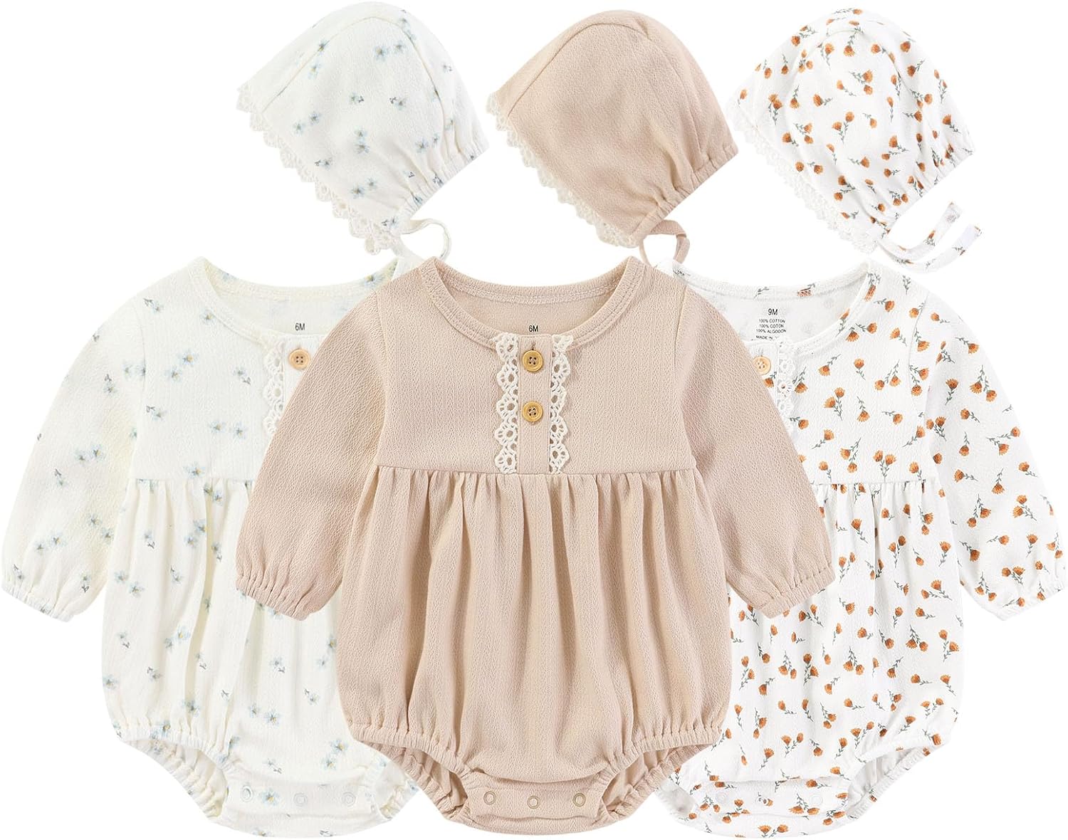 Ruliby Baby Girl Outfit Cotton Bubble Romper Floral Dress Infant Girls Clothes 3-pack