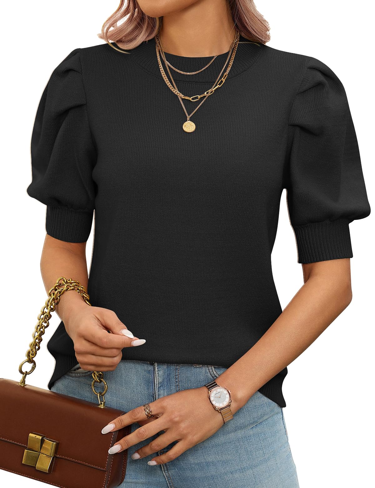 Womens Puff Short Sleeve Sweater Tops Spring Summer Fall Trendy Crew Neck Casual Pullover Sweaters