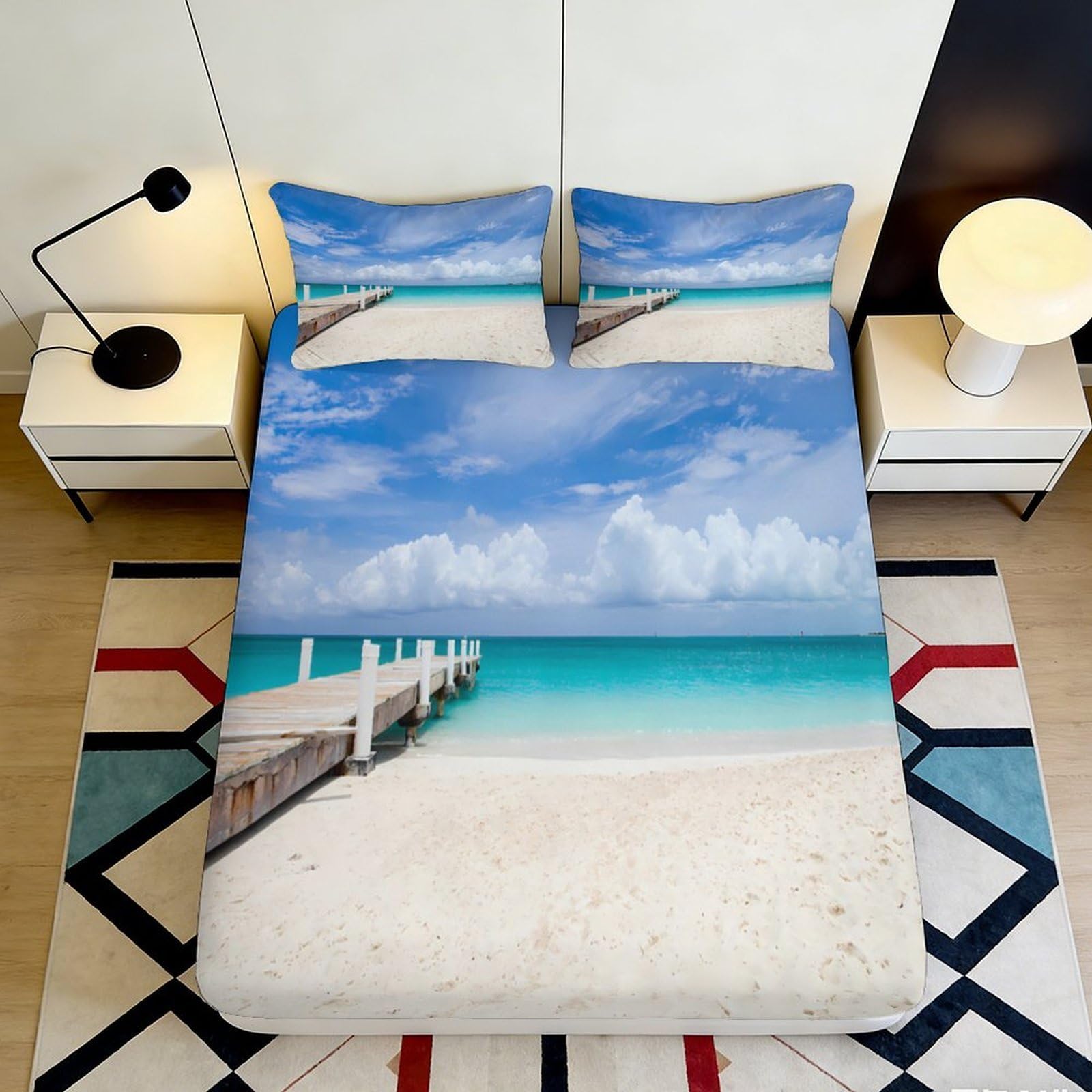 3D Printed Beach Pier Fitted Sheet Microfiber Sand Ocean Mattress Cover for Bedroom Guest Room Decor Protection 90x200x25cm