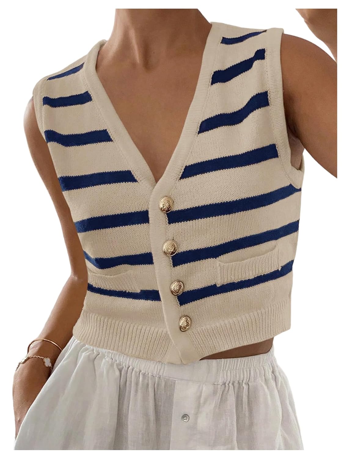GORGLITTER Womens Striped Button Up Cropped Sweater Vest Sleeveless V Neck Boho Knitted Tank Tops