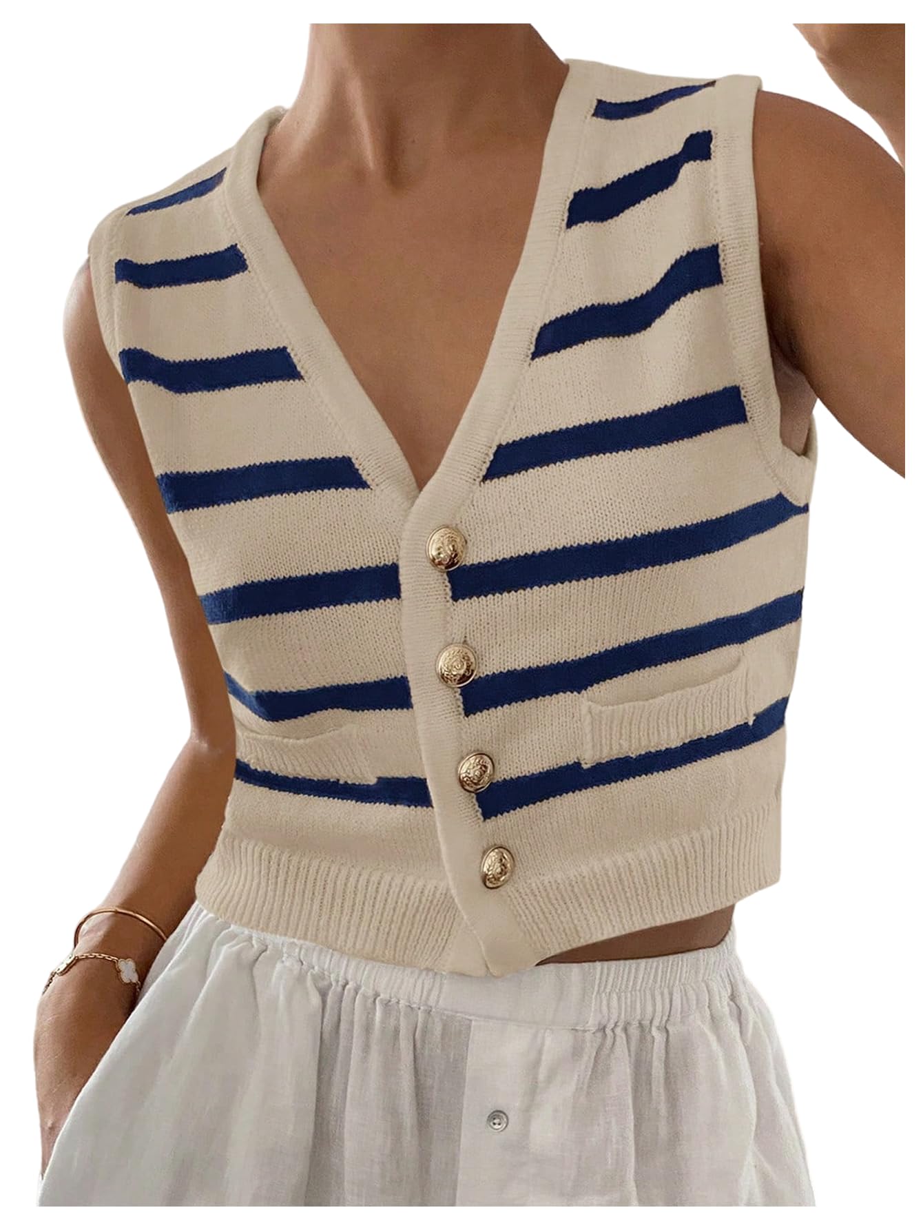 GORGLITTER Womens Striped Button Up Cropped Sweater Vest Sleeveless V Neck Boho Knitted Tank Tops