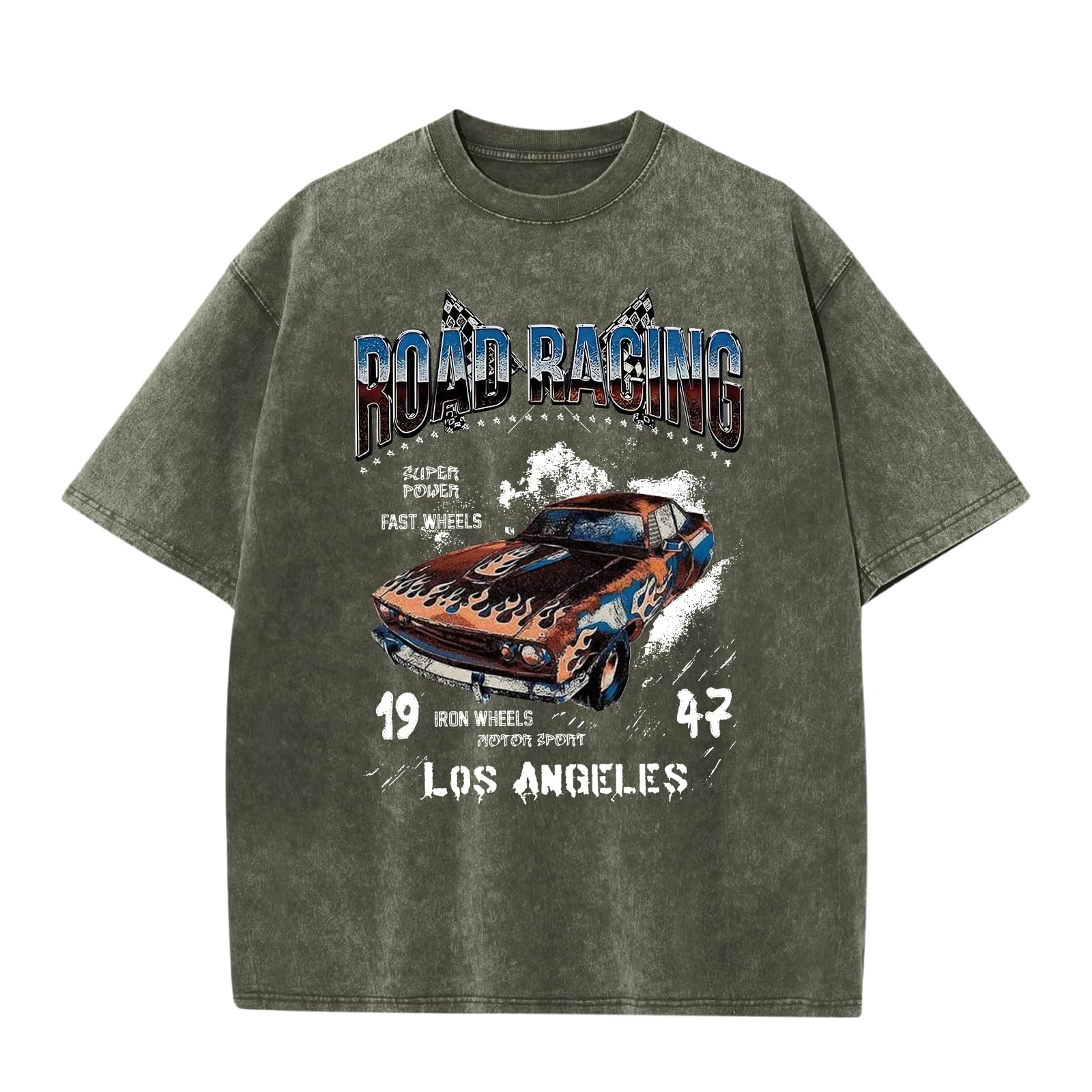 Mens Graphic T-Shirts Oversized Acid Wash Tshirt Vintage Streetwear Shirt Cool Road Racing Printed Tee Los Angeles Top