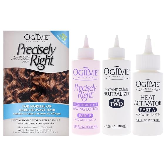 Ogilvie Salon Styles Precisely Right Professional Conditioning Home Perm Kit for Men & Women - For Normal or Hard-to-wave Hair - Heat-activated Worry-free Formula with Drip Guard - 1 Application