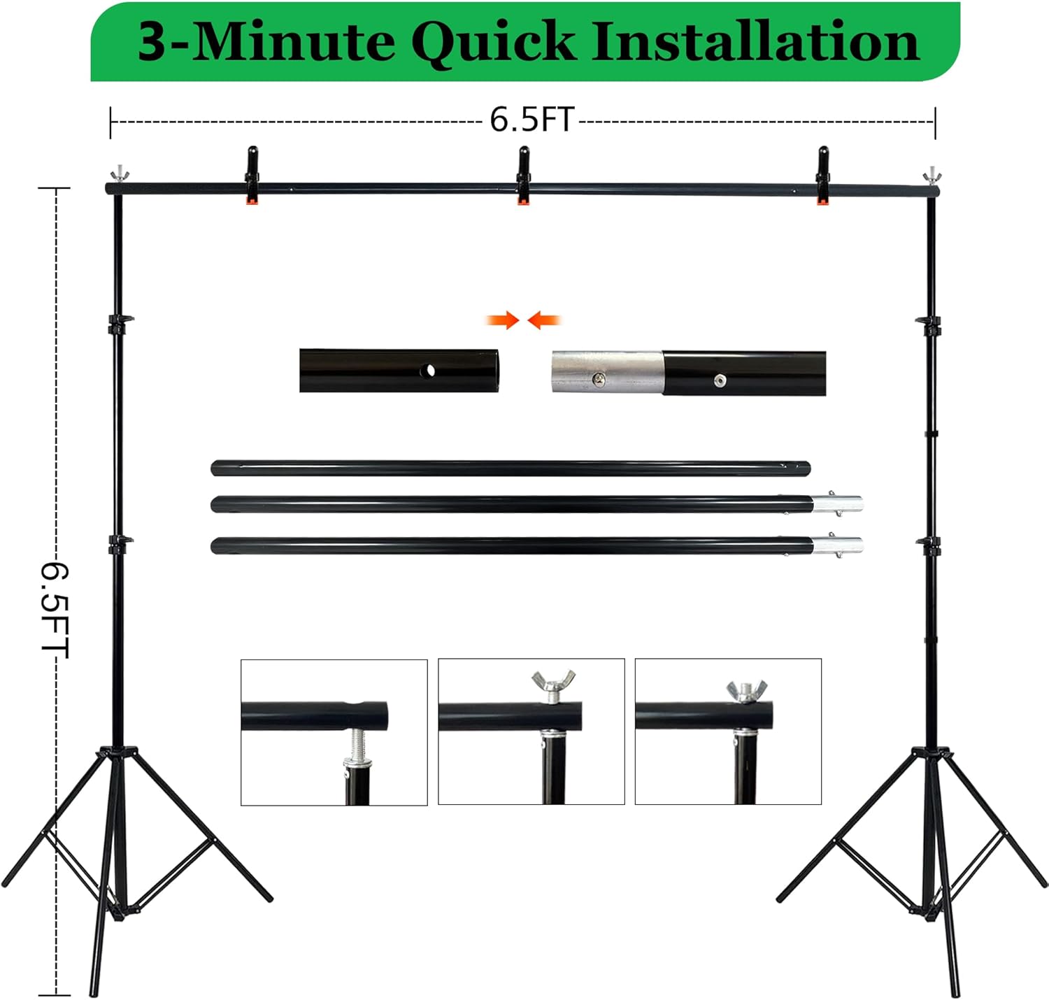 2 in 1 Green Backdrop Stand Kit, 6.5x6.5 ft Portable Dual Rod Stand kit with 6x7ft Green Backdrop-Premium Polyester for Video Streaming, Portrait Photoshoot, Wall Mounted, Parties