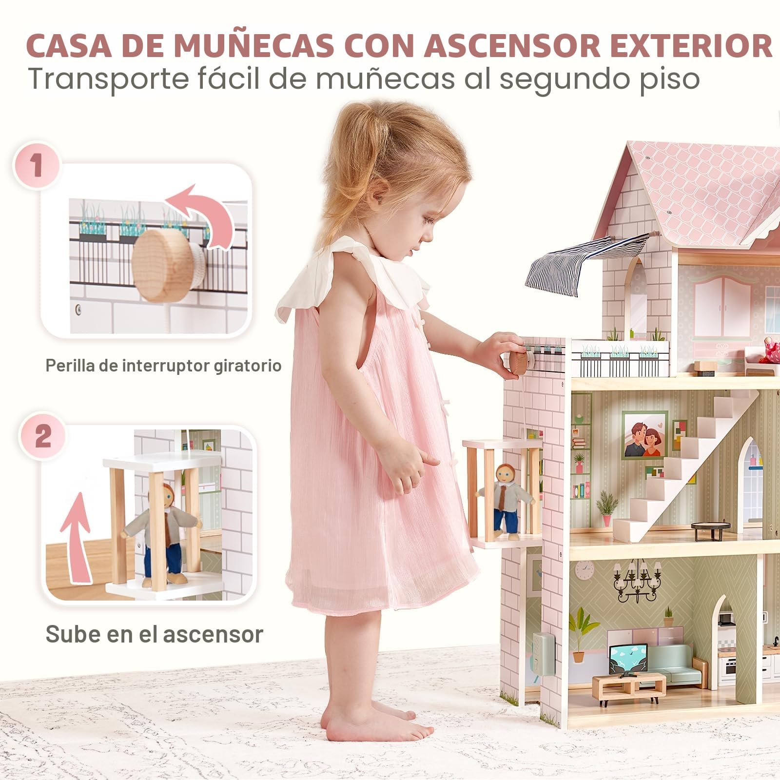 Giant Bean Casa de Muñecas Madera, 80 cm Casa Muñecas Madera de Altura con Elevador, Timbre, Luz, 15 Muebles y 3 Muñecas, Regalo de Juguete para Niñas de 3 Años +