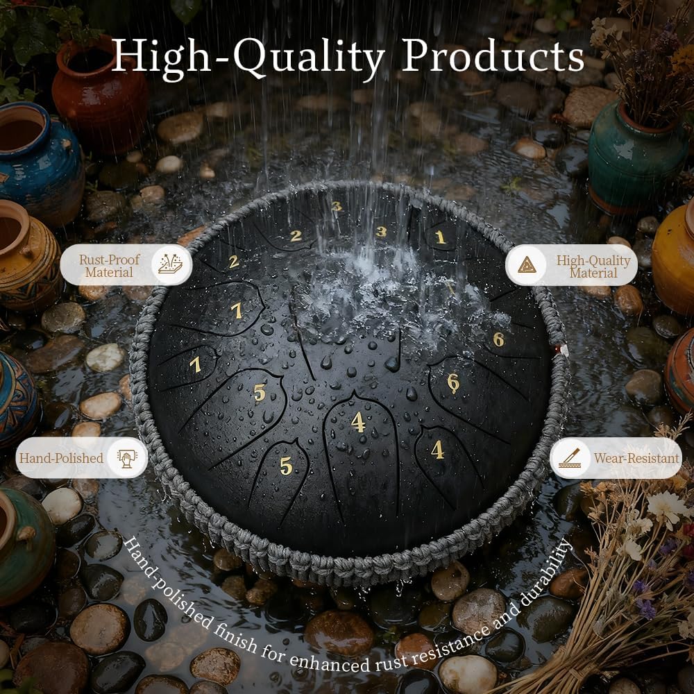 Rain Drum for Outside, 12 Inch 15 Notes Steel Tongue Drum, D Major Percussion Instrument with Soft Bag, Mallets & Music Book, Zen Garden Decor for Meditation, Yoga & Sound Healing (Black)