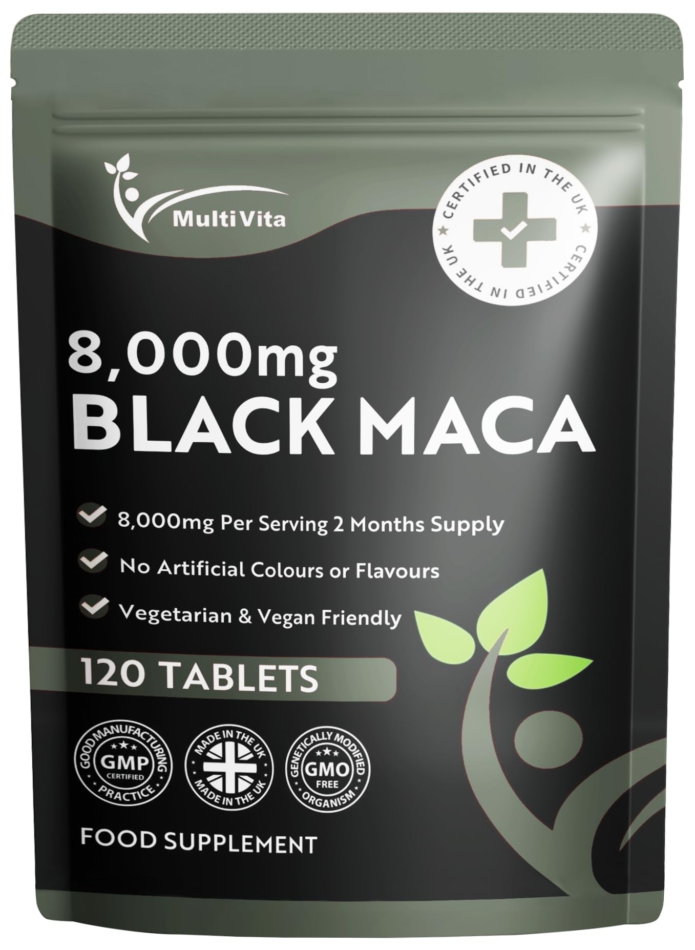 Black Maca Root Tablets 8,000mg per Serving | 120 High Strength Pills, 2-Months Supply | Natural Energy & Stamina Support | Alternative to Maca Root Capsules | Made in UK