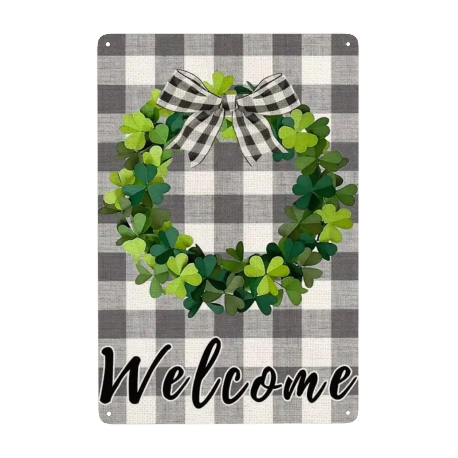 Vintage Metal Tin Sign St. Patrick's Day Decor Welcome Buffalo Plaid Bow Green Shamrocks Yard Sign 12x16 Inch