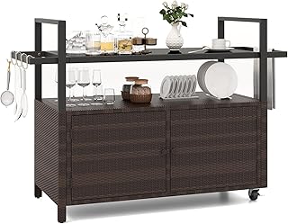 Tangkula Outdoor Bar Cart, Patiojoy Rolling Wicker Buffet Serving Cart w...