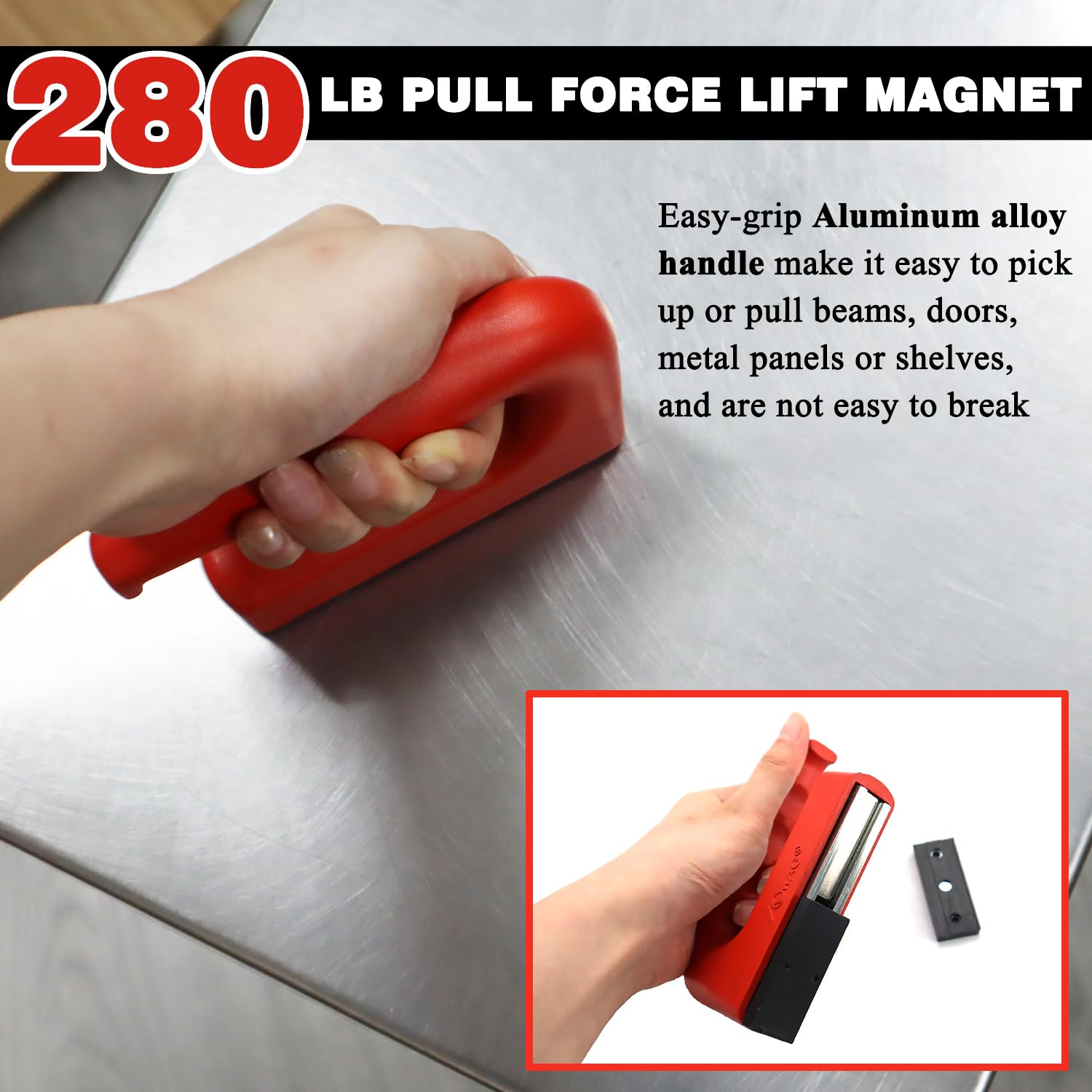AOMAG Aimant robuste de 127 kg avec poignée en alliage d'aluminium, outil de ramassage magnétique en néodyme pour soulever des objets métalliques, des plaques de fer, des portes