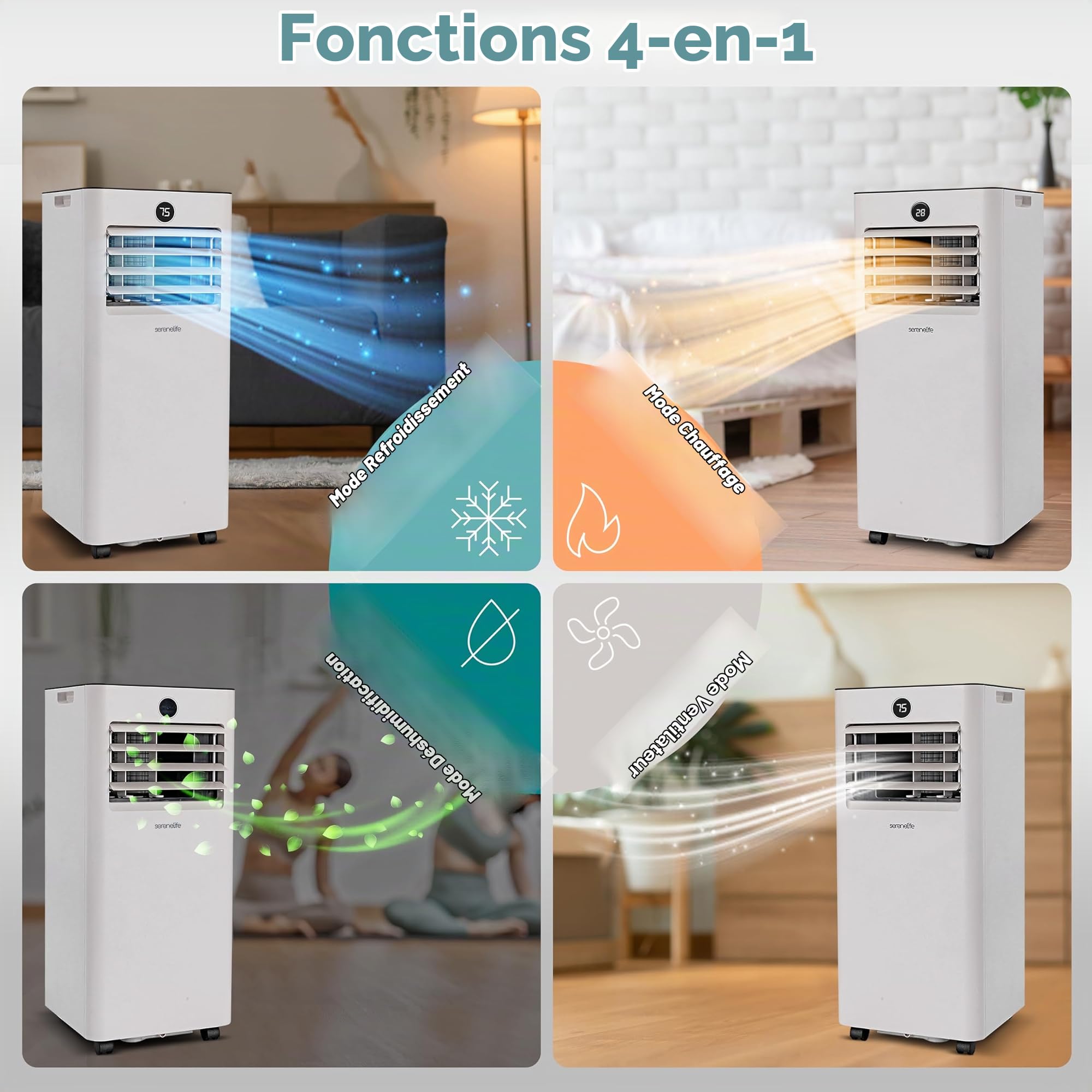 SereneLife Climatiseur Mobile 9000 BTU 2,34 kW Chauffage – Climatiseur Portable avec Évacuation, Ventilateur et Déshumidificateur, Compact avec Télécommande et Kit Fenêtre Gris