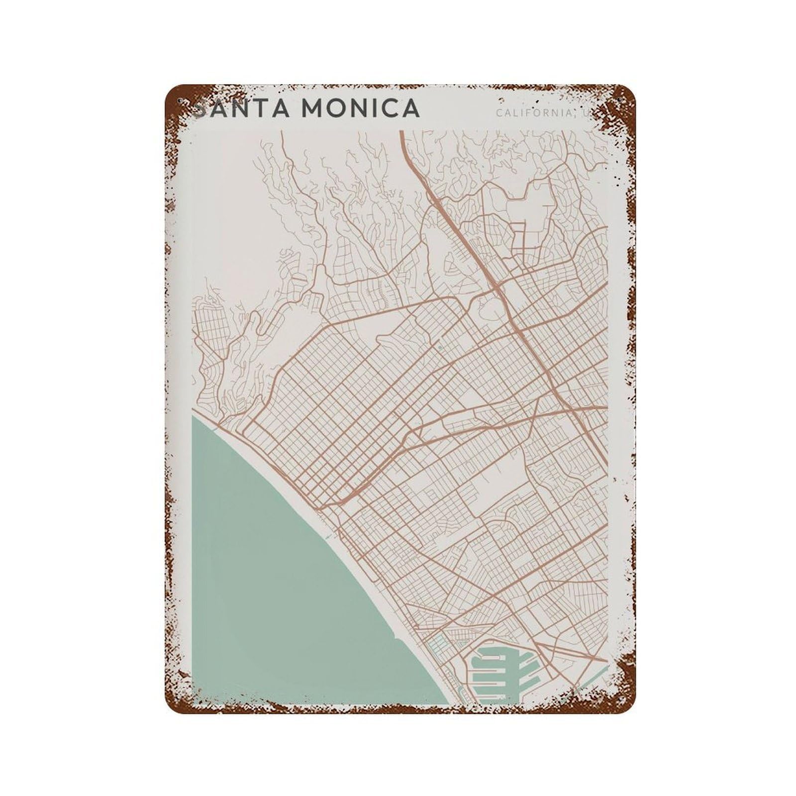 xiaoxiaoshen Santa Monica Map California Travel Gift Farmhouse Decor Wall Decor Art Metal Tin Poster Modern Home Decor Art Home Bar Shop Decorations Vintage Sign 40x30cm