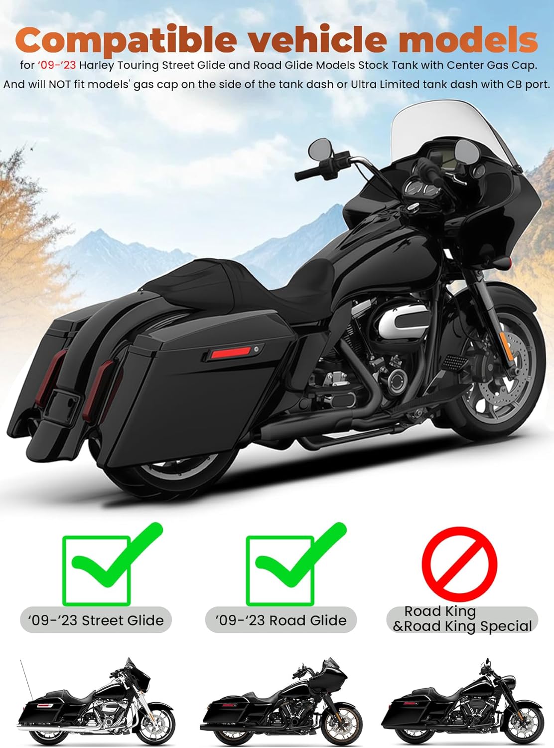 Vivid Black Stretched Gas Tank Covers Extended Gallon Fuel Shrouds Protection Compatible with Harley Touring Street Glide,Road Glide,Tri Glide 2009-2023