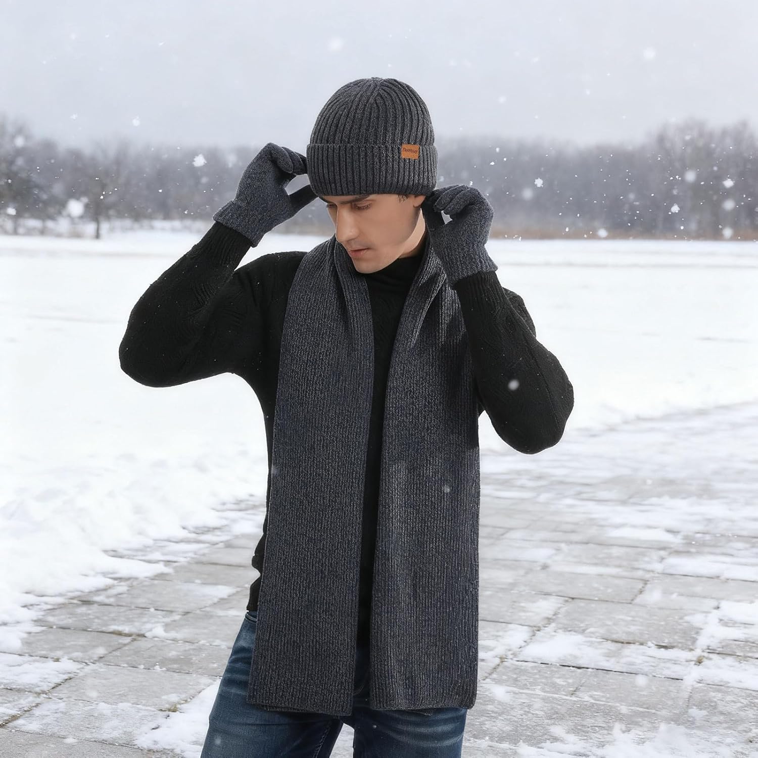 Men's Scarf Hats Gloves Sets Winter Gifts, 3 PCS Fleece Lined Beanie Warm Long Scarves for Cold Weather Christmas - Image 5