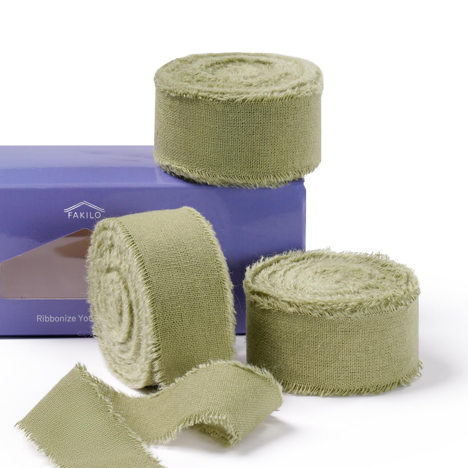 FAKILO Natural Rustic Cotton Ribbon with Frayed Edge, Sage Green 100% Cotton Ribbon 5/8"x 24yds for Vintage Wedding Bouquets,Invitations,Baby Shower,Gift Wrapping,DIY Crafts,Home Decor — view 17
