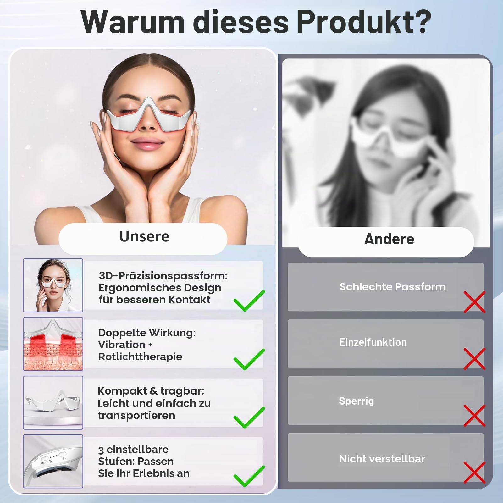 Rote Licht Therapie Brille, Augenmassagegerät gegen Dunkle Ringe, Augensäcke & Müdigkeit, Wiederaufladbare LED Augenbrille mit 3 Modi, Tragbare Augenpflege Geschenk