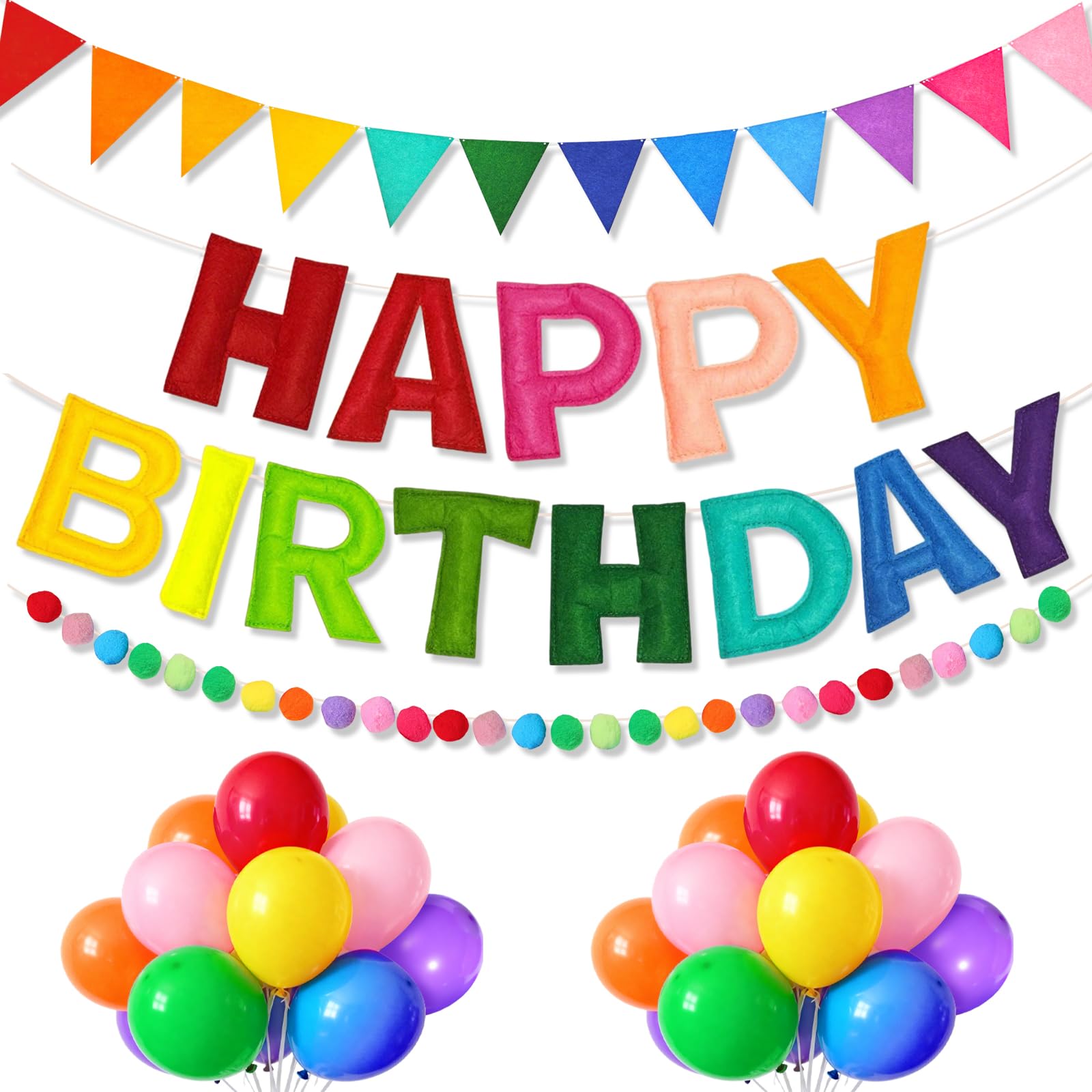 38Pcs Rainbow Birthday Decorations - Happy Birthday Banner, Helium Rainbow Balloons, Bunting Pennant and Felt Ball,Felt Garland, Personalised Party Decorations for Men Women Girls Boys